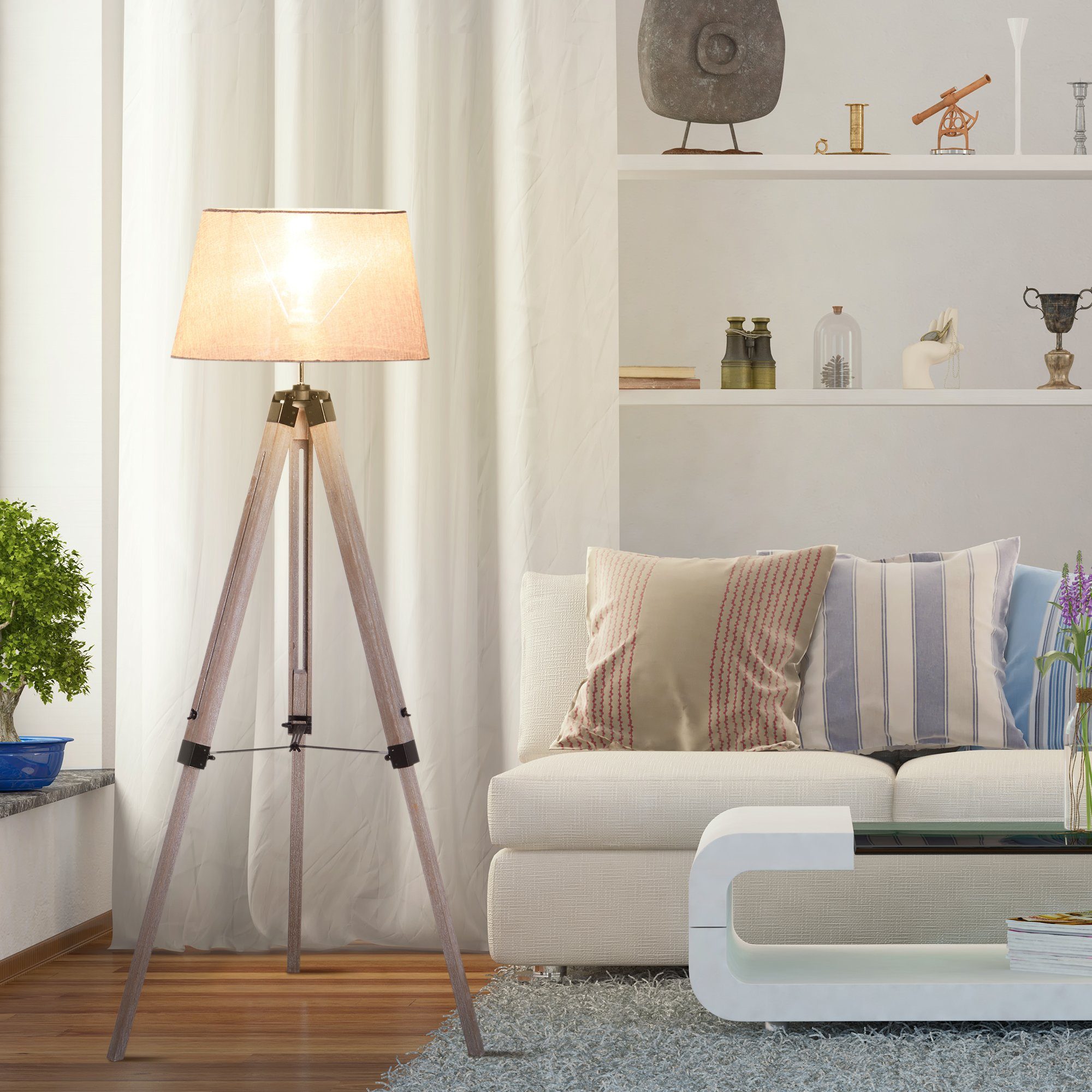 HOMCOM Stehlampe höhenverstellbare Schlafzimmer Standleuchte, Natur+Grau 65 x 65 x 99-143 cm