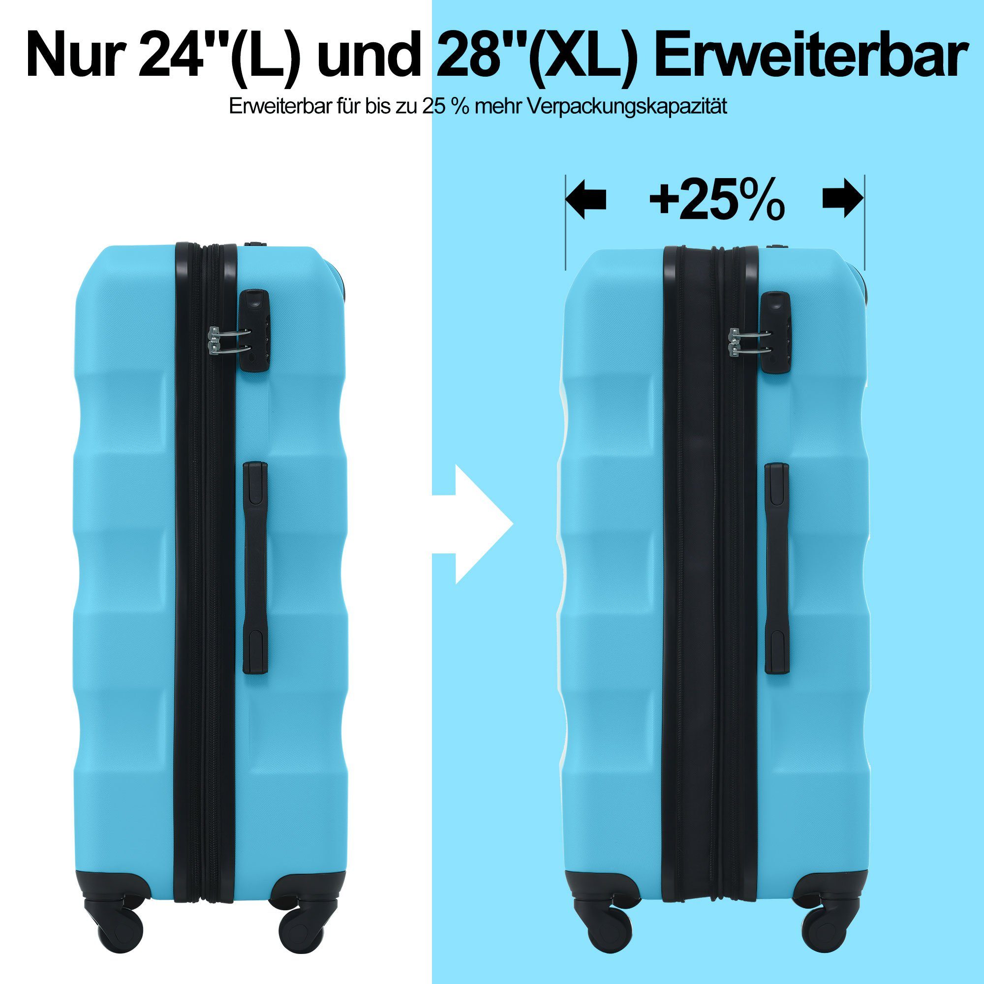 Kofferset Trolleyset TSA Blau tlg) 360° Zollschloss, 4 Ulife ABS-Material, (3 Rollen, -Räder, Reisekoffer