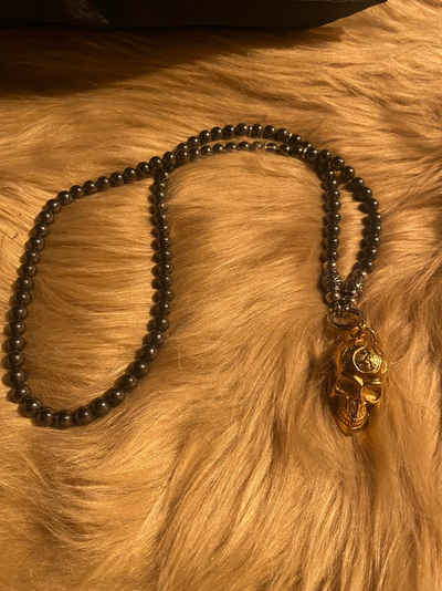 Aaron Bane Perlenkette Perlenkette Halskette Hämatit Edelstein Totenkopf Gold Hand Made (1-tlg)