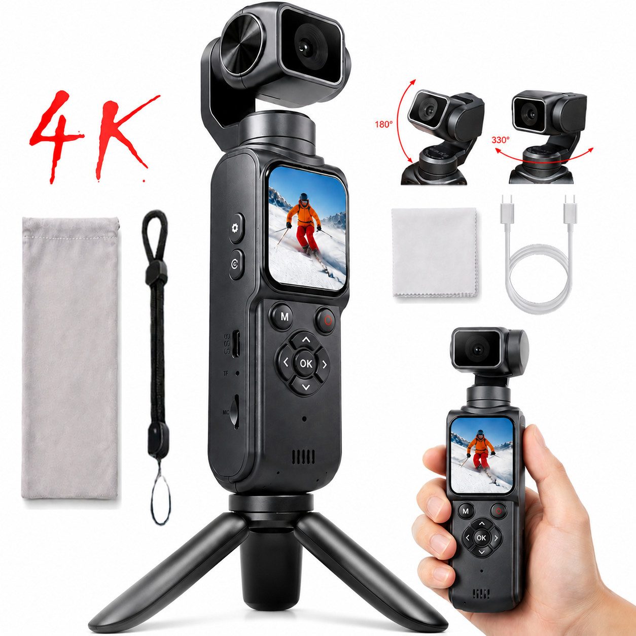 Fyrove 4K Action Cam mit 330° drehbarem Objektiv, 1,72" Touchscreen Kompaktkamera (Gesichtsverfolgung, WLAN, für Vlogs & Reisen)