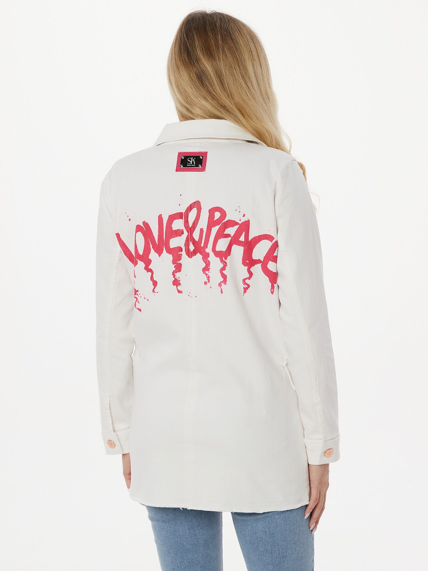 Sarah Kern Hemdjacke Blouson figurumspielend mit Love & Peace Schriftzug günstig online kaufen