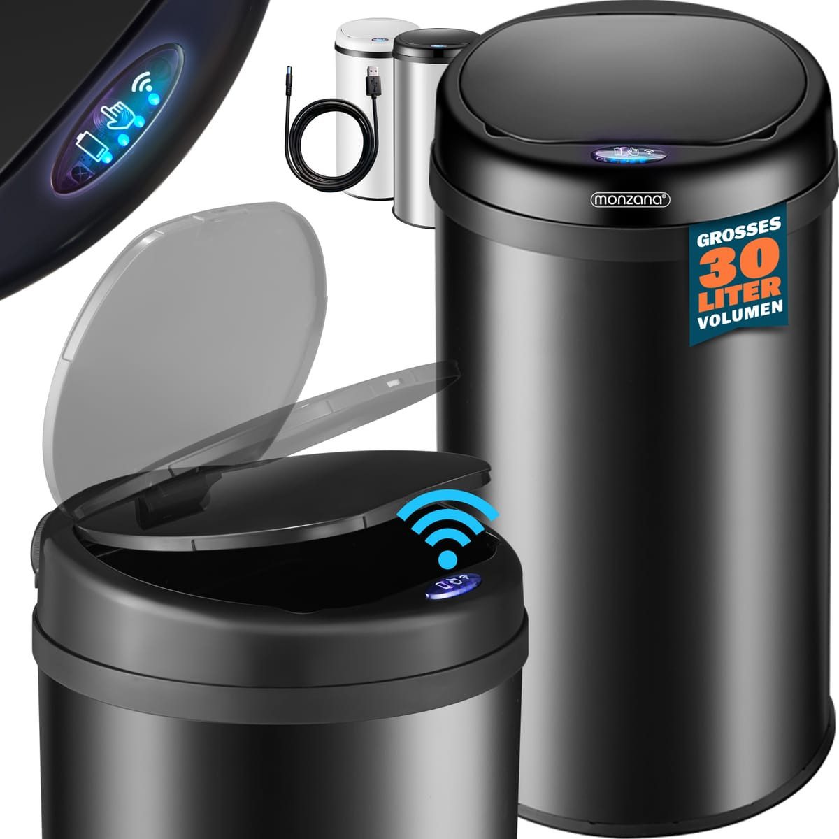 monzana Mülleimer, 30 L Automatik Sensor Mülleimer LED Display Müllbehälter berührungslos