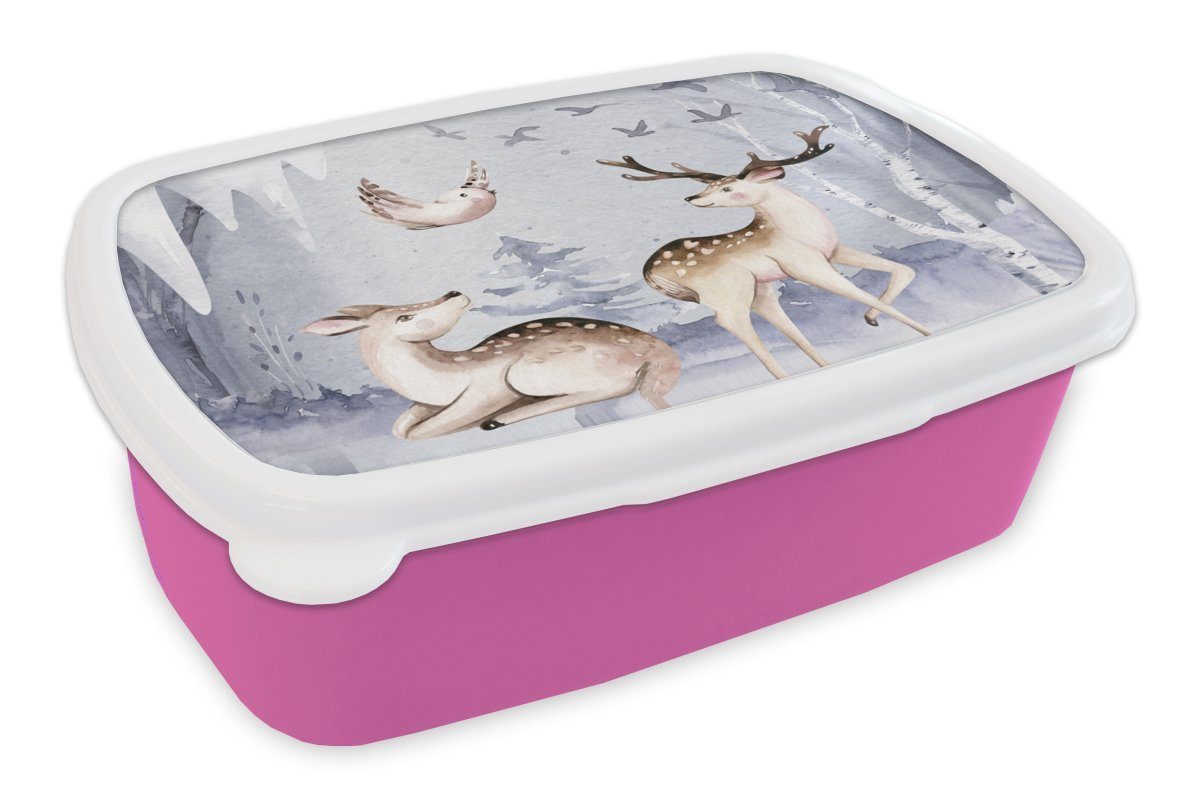 Schnee, Vögel MuchoWow Snackbox, - Mädchen, Kunststoff Erwachsene, rosa Hirsche Brotbox Winter - für - Kinder, Lunchbox Brotdose (2-tlg), Kunststoff,