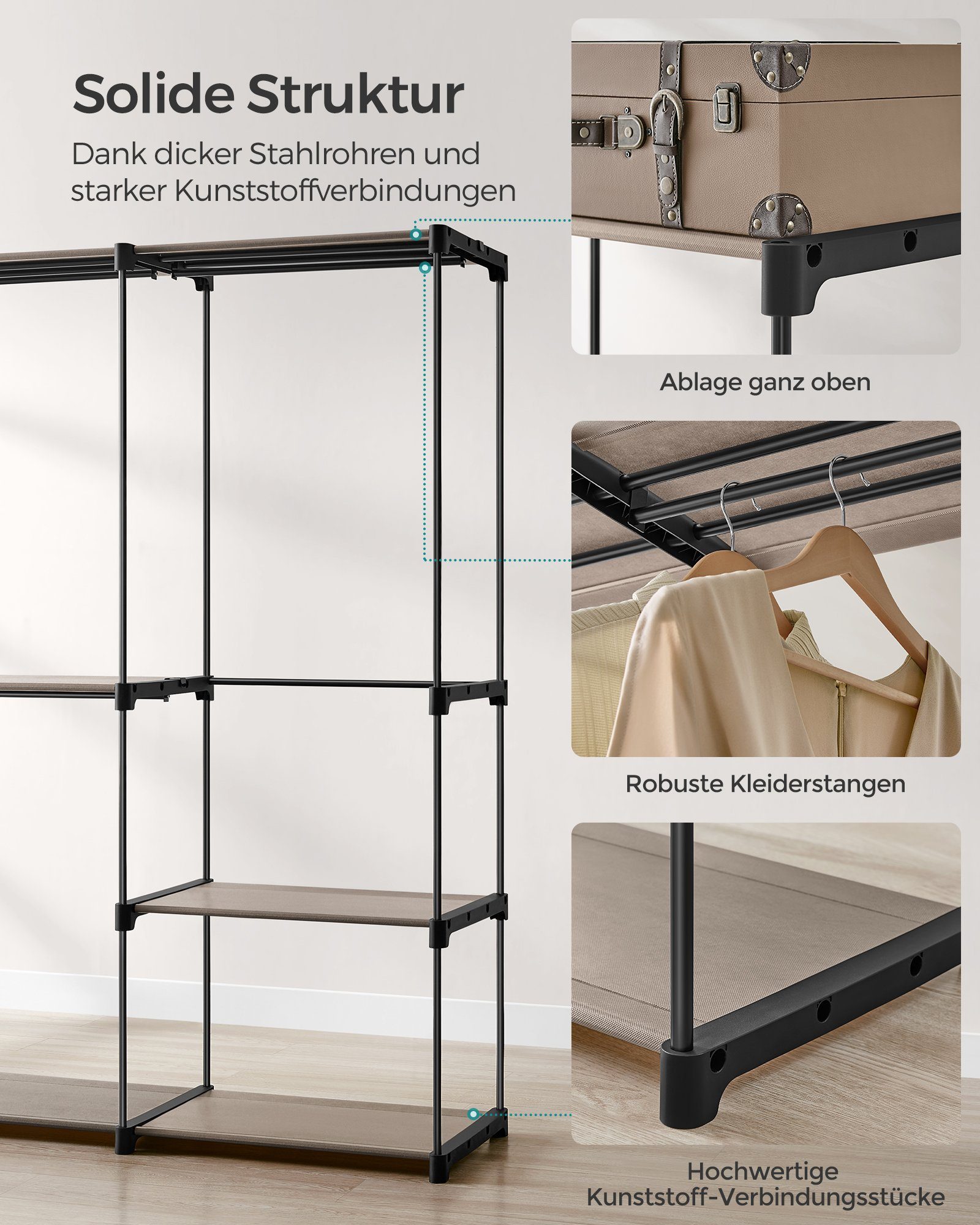 SONGMICS Kleiderständer Kleiderschrank offen, 3 Hängefächer, Kleiderstange, Garderobe – Bild 5 von 5