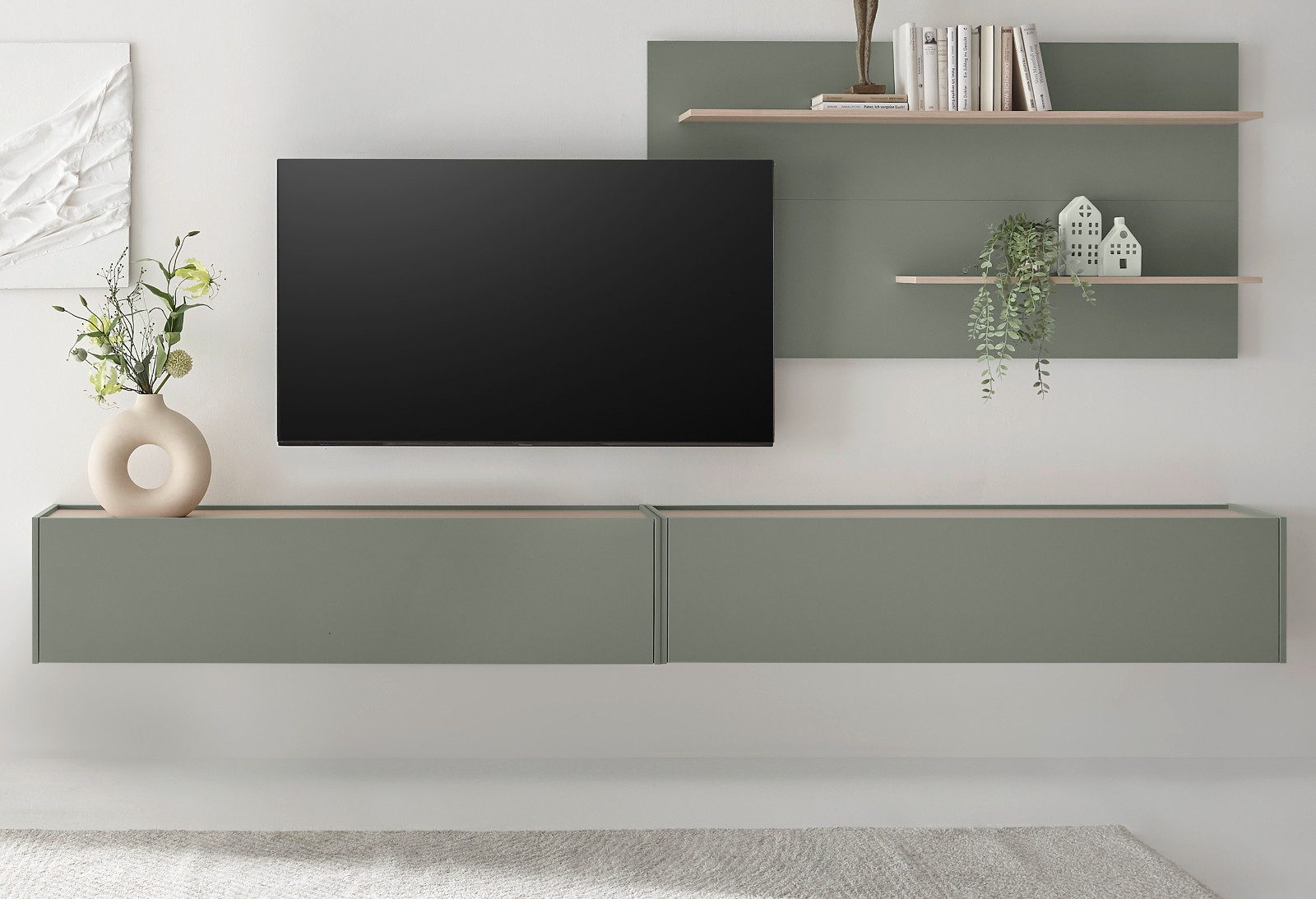 Furn.Design Wohnwand Center, (Set in Salbei Grün mit Eiche, 3-teilig, 300 x 180 cm), mit großem TV Lowboard