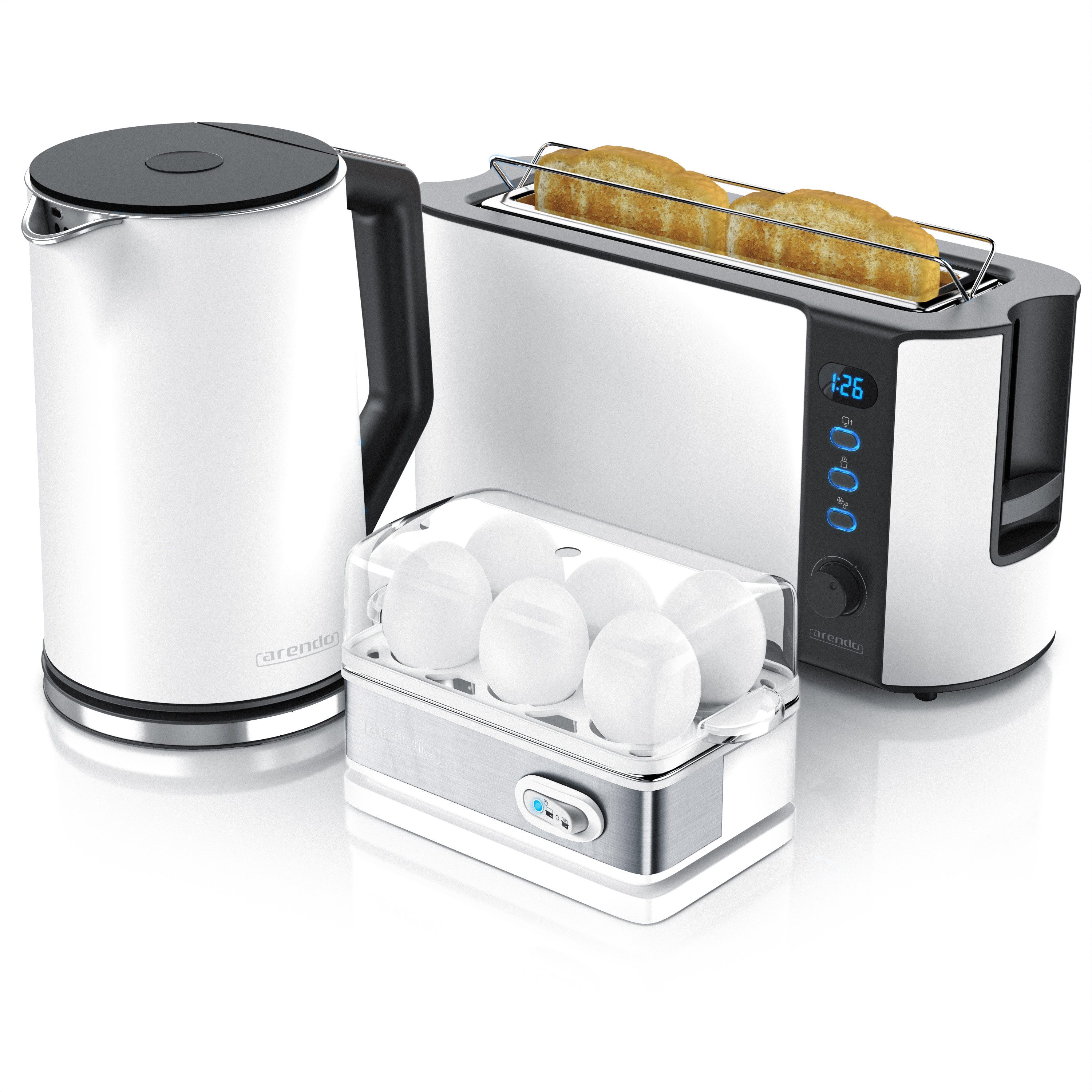 Arendo Frühstücks-Set Wasserkocher 1,5l / 2-Scheiben Toaster / Eierkocher, Edelstahl, Weiß (3-tlg), BPA-frei, GS-geprüfte Sicherheit, perfekt fürs Familienfrühstück