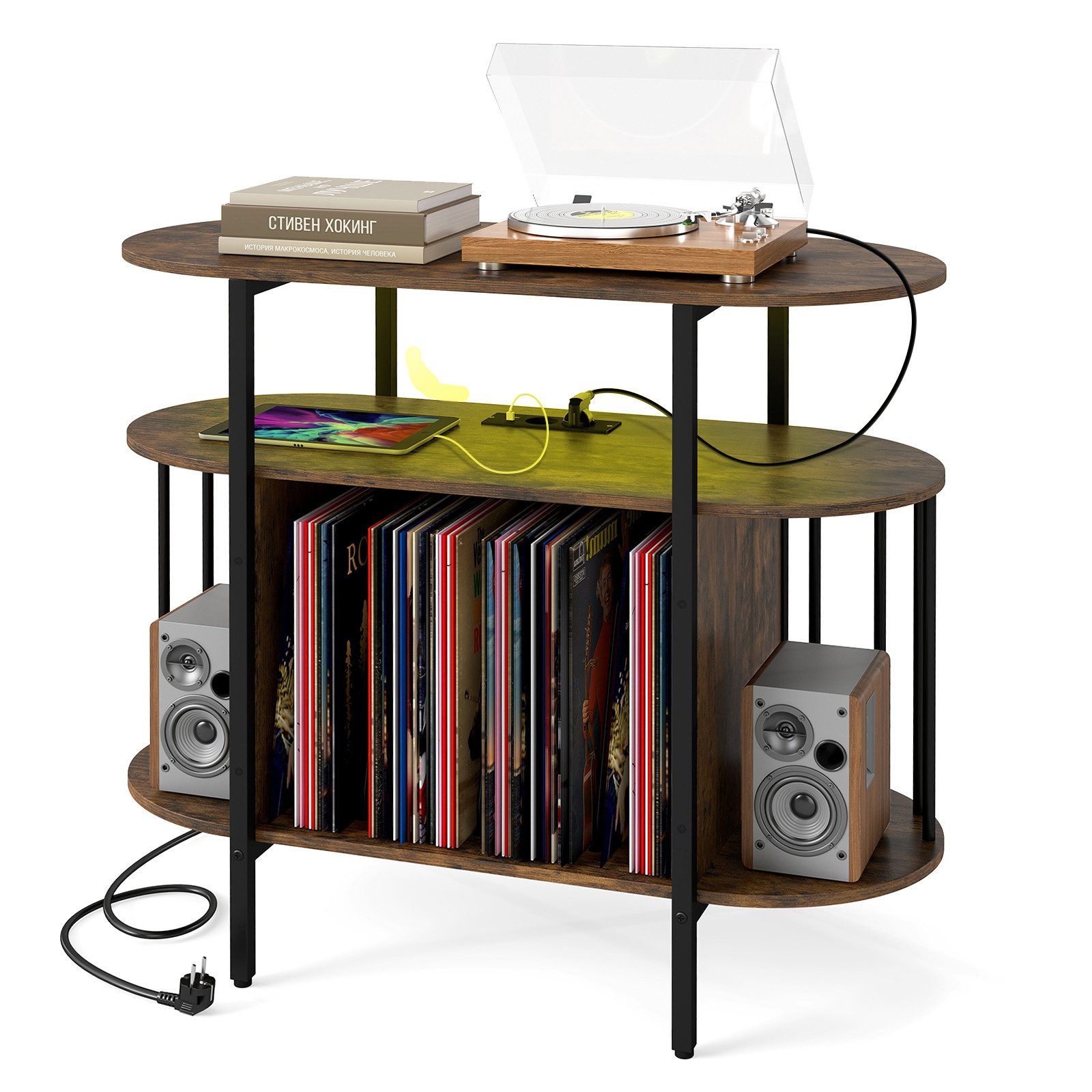 COSTWAY Sideboard Plattenspieler-Ständer mit LED, Ladestation, Schallplattenständer