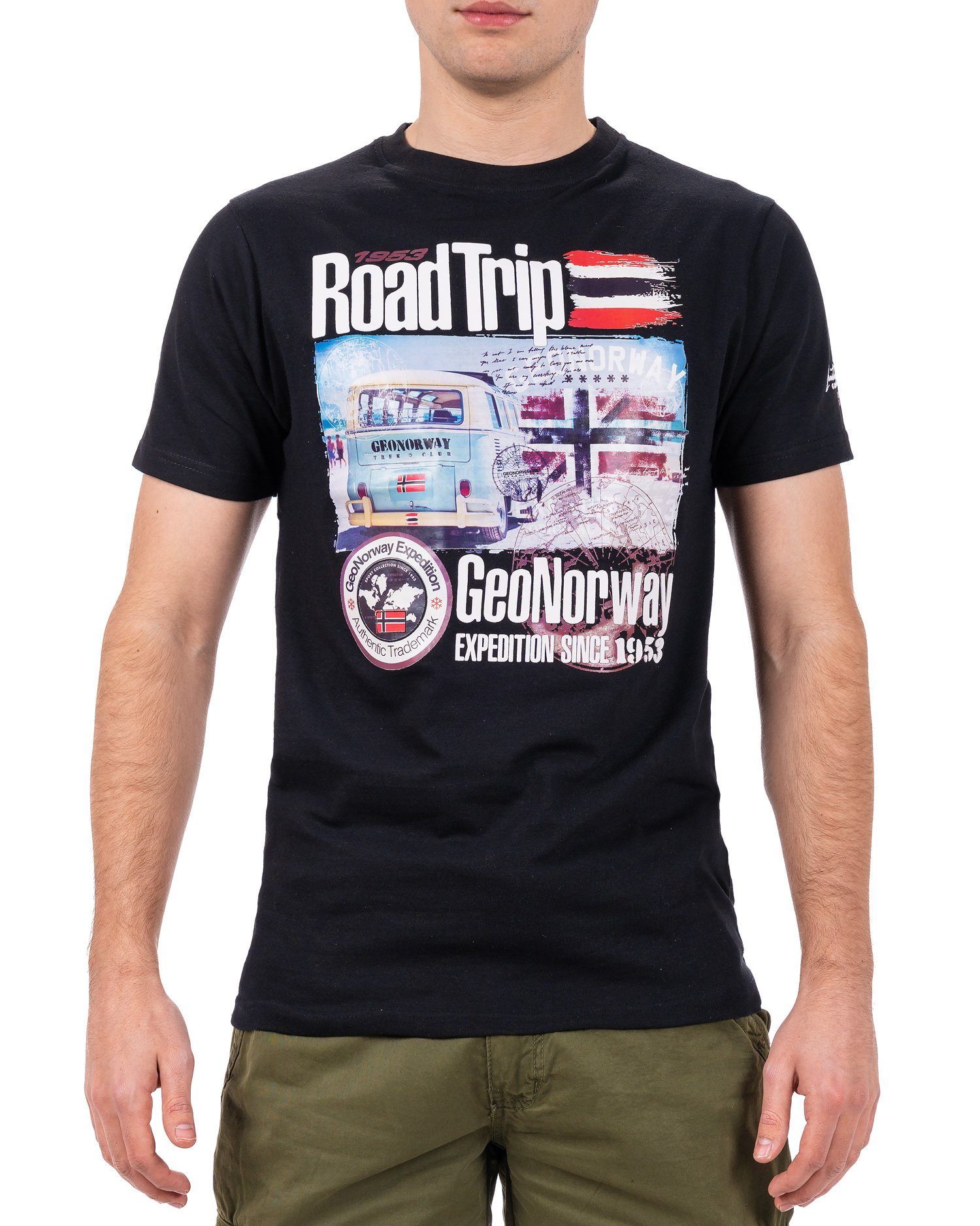 Geo Norway T-Shirt Casual Kurzarm Shirt bajiami Men Black S (1-tlg) mit auffälligen Prints