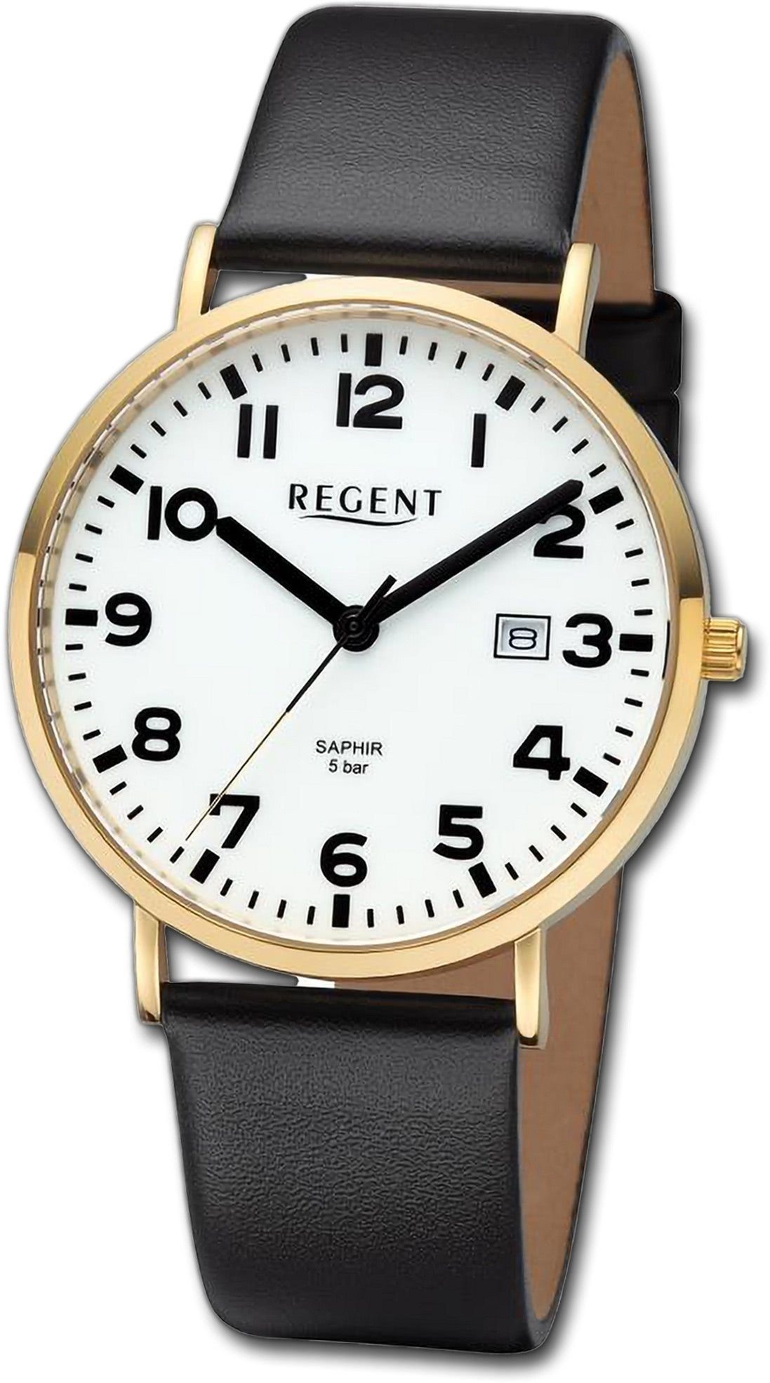 Regent Quarzuhr Regent Herren Armbanduhr Analog, Herrenuhr Lederarmband schwarz, rundes Gehäuse, groß (ca. 39,3mm)