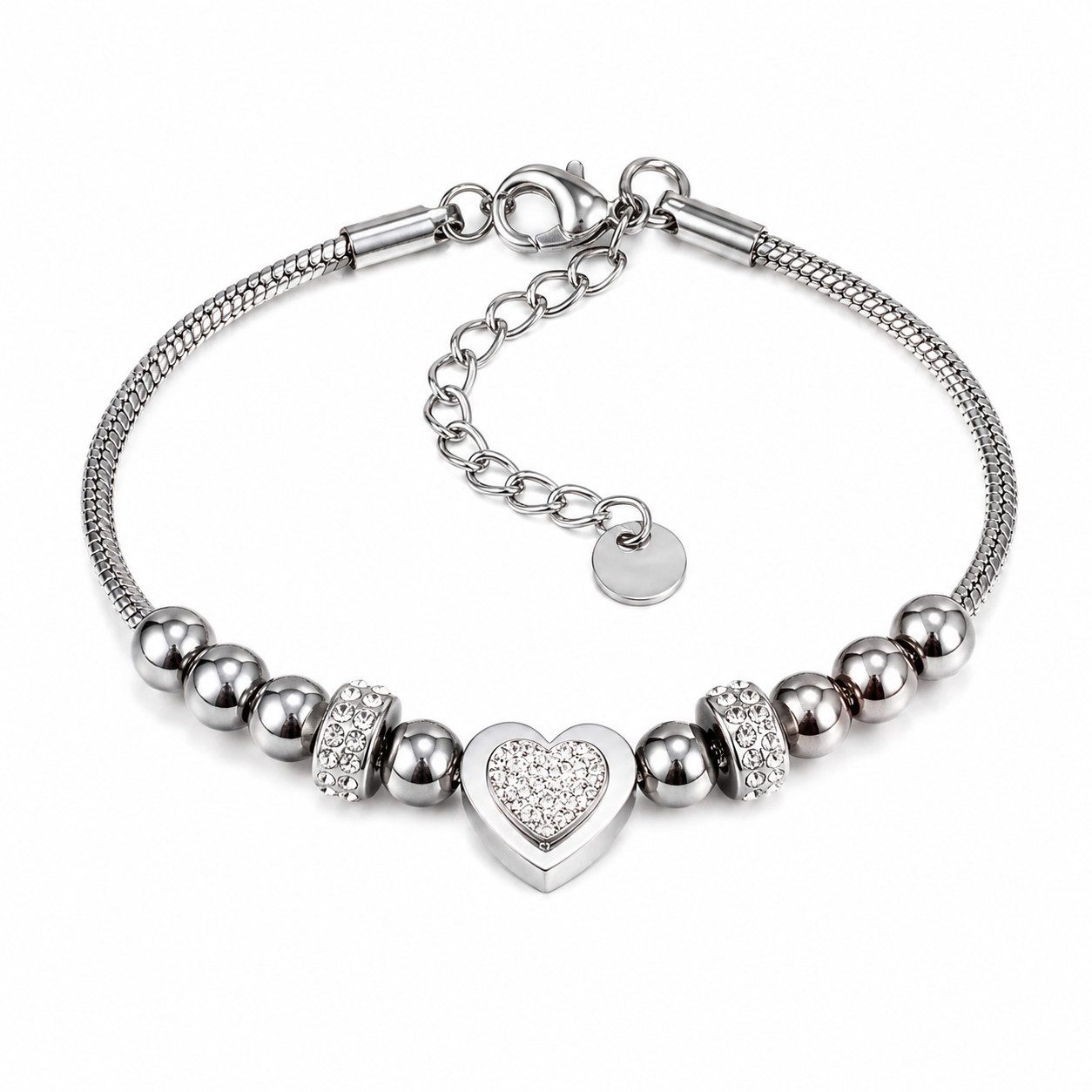 RAIKOU Armband Herz Edelstahl Goldfarben mit Zirkonia, Verstellbares Perlenarmband, Herz-Anhänger mit Zirkonia