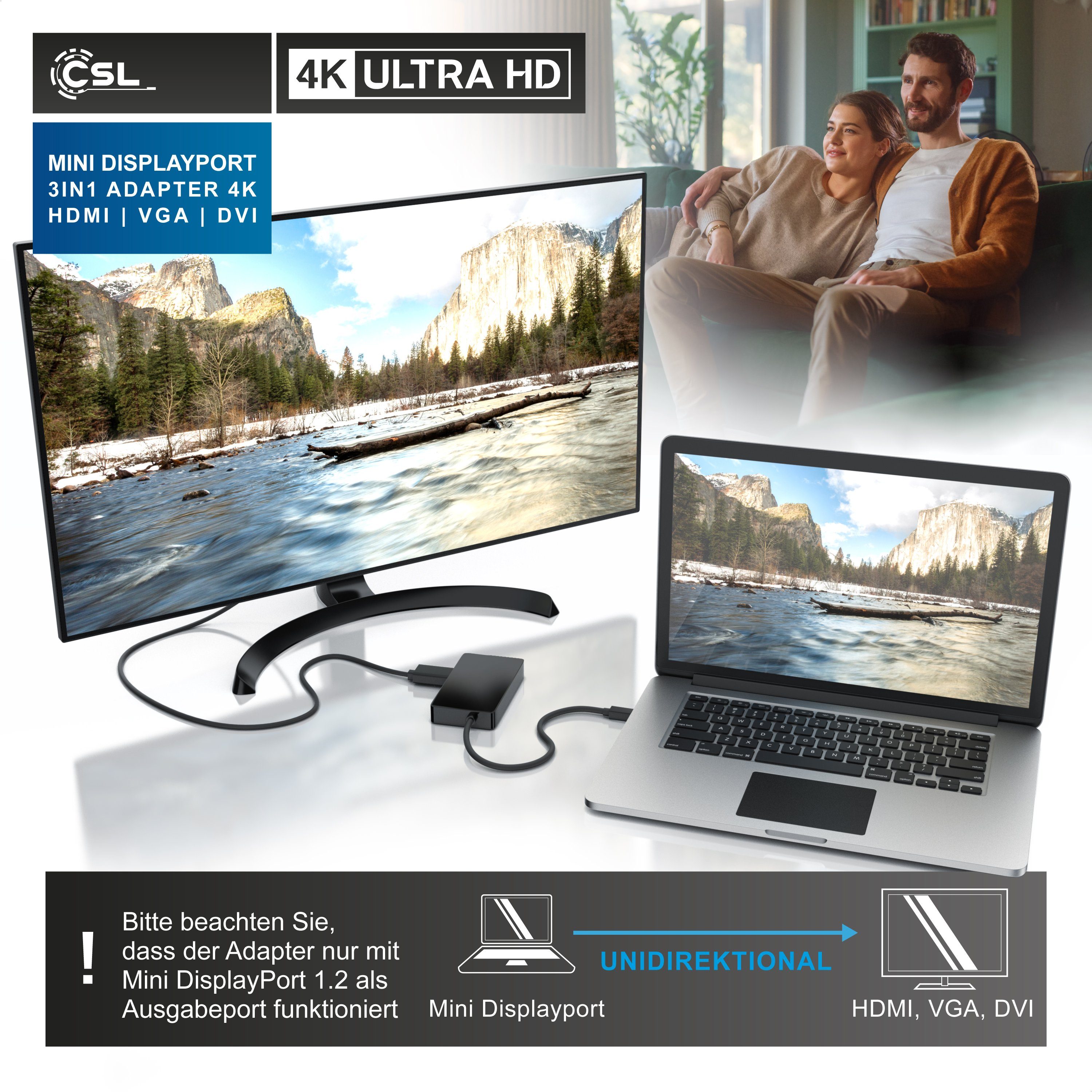 CSL 4k 3in1 Displayport 1.2 Adapter, Konverter Kabel 3840x2160 UHD 2160p Audio- & Video-Adapter Mini DisplayPort zu HDMI, DVI, VGA, 15 cm, Mini DP kompatibel mit PC MAC, Video und Audio-Übertragung