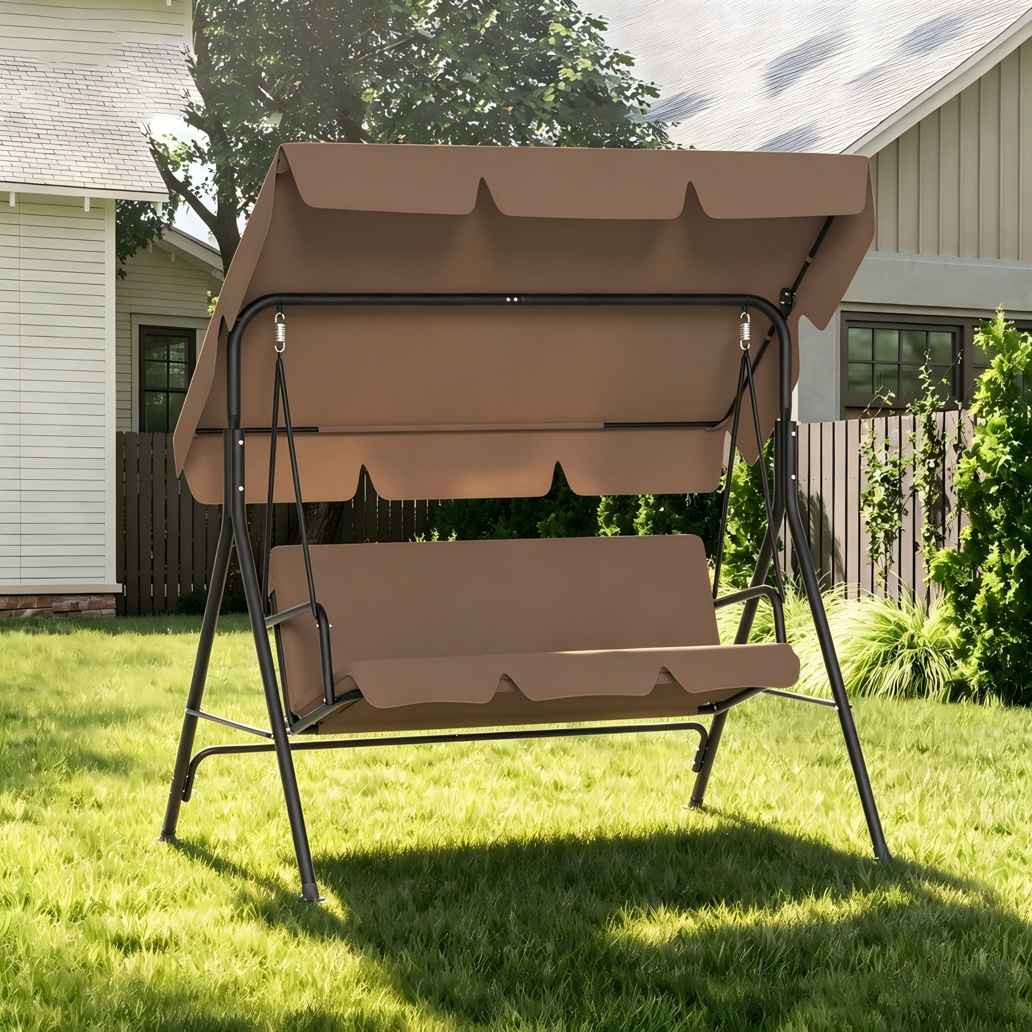 FIVMEN Hollywoodschaukel Gartenschaukel 3-Sitzer mit Verstellbarem Sonnendach weichem Kissen, 176x110x152cm, Metall Hängeschaukel mit Verstellbarem Sonnendach Liegefunktion