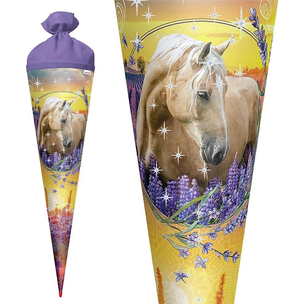 Roth Schultüte Pferdeträume mit Glitter, 70 cm, rund, mit lilafarbigem Filzverschluss, Rot(h)-Spitze