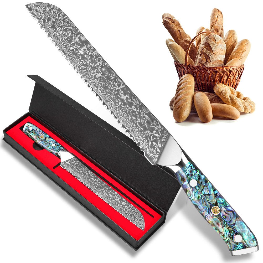 KingLux Damastmesser Damast Brotmesser mit Abalone-Muschel Griff aus VG10 Damaststahl