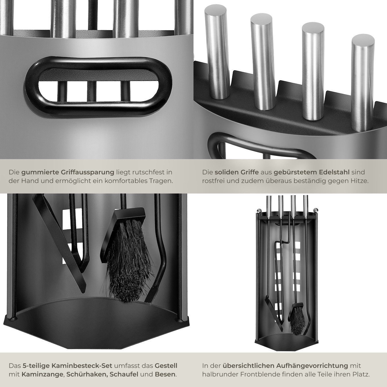 tectake Grillbesteck-Set 5-tlg. Kaminwerkzeug-Set 23 x 14,5 x 58 cm, inkl. Sichtschutz, (Ofenbesteck-Set, 5 tlg., in grau), Schürhaken/Zange/Besen/Schaufel/Halt – Bild 4 von 5