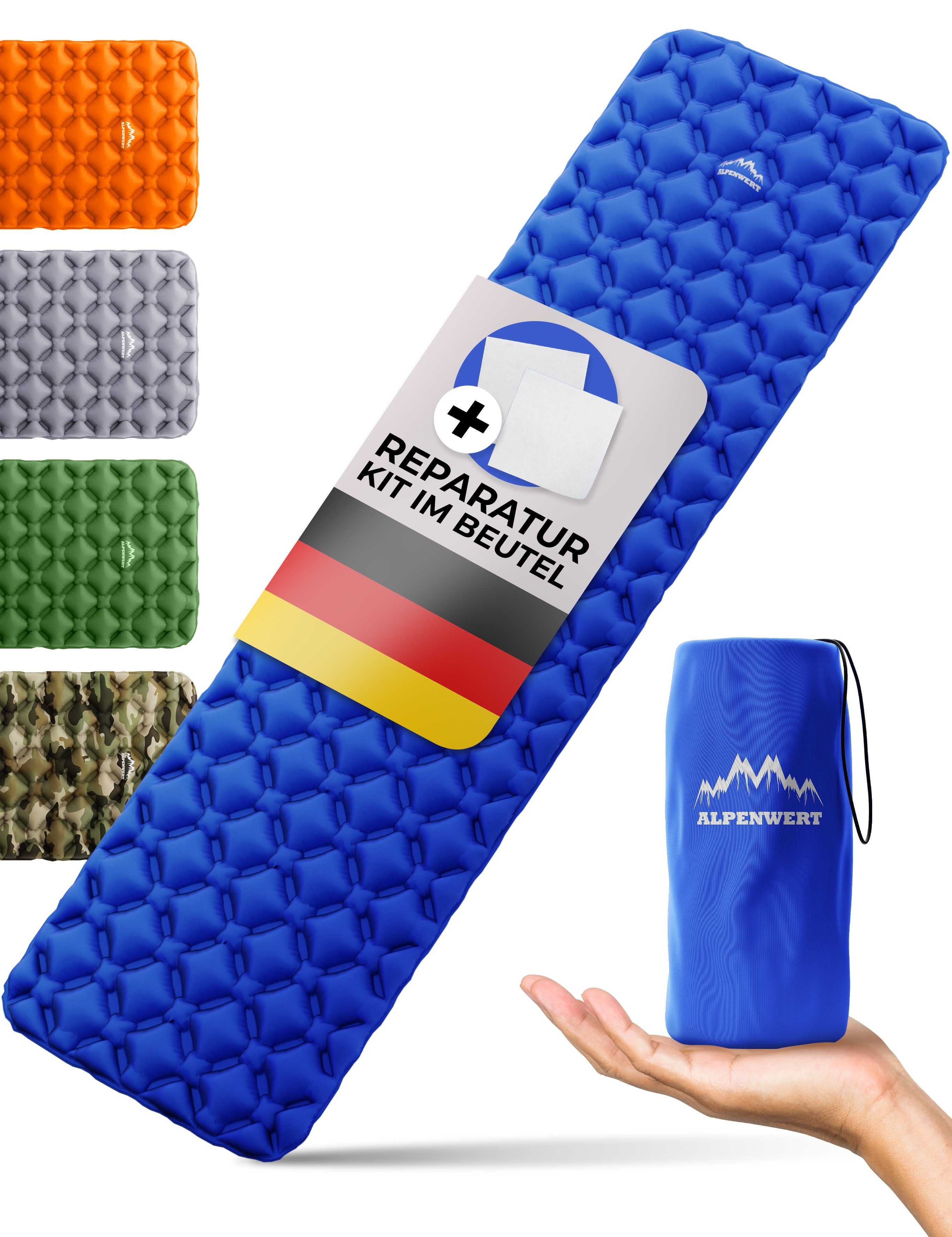 Alpenwert Isomatte Outdoor Camping Schlafmatte Aufblasbar Sleeping Pad, (Set), Kleines Packmaß, Ultra Leicht, GRATIS Reparatur Kit