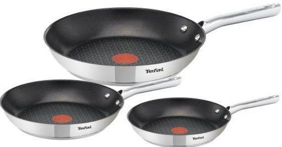 Tefal Pfannen-Set Duetto, Edelstahl (Set, 3-tlg., 1x Bratpfanne Ø 20 cm, 1x Bratpfanne Ø 24 cm, 1x Bratpfanne Ø 28 cm), Edelstahl, Antihaftversiegelung, Thermo-Spot, alle Herdarten,Induktion