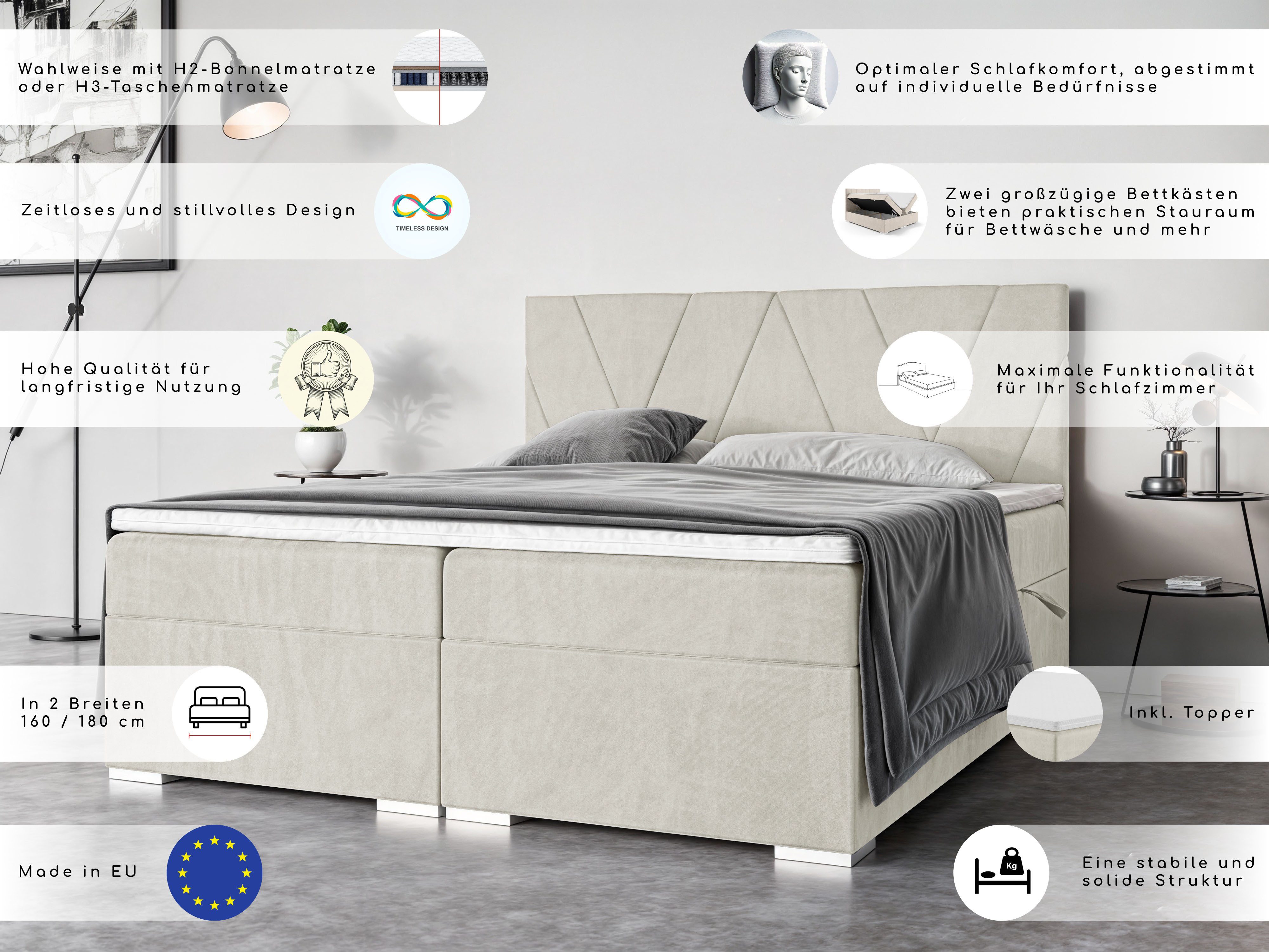 Home affaire Bett Liania mit Matratze und Topper, in 2 Breiten (160 und 180 cm), Boxspringbett mit Bettkasten, Matratze (BFK/TFK) und Topper