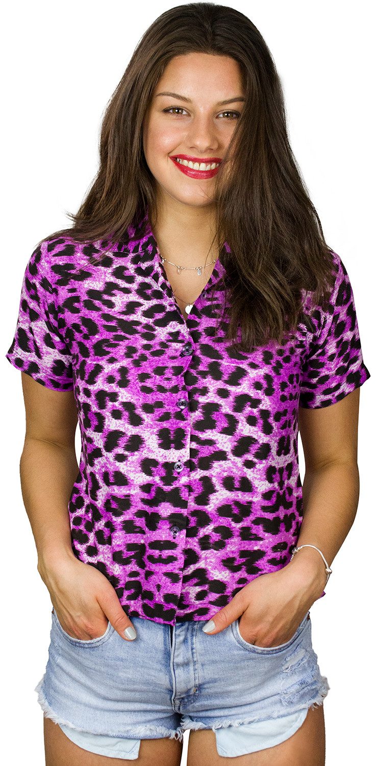 King Kameha Hawaiihemd Leopard Melone Funky Hawaiibluse Damen Kurzarm Front-Tasche Stylish