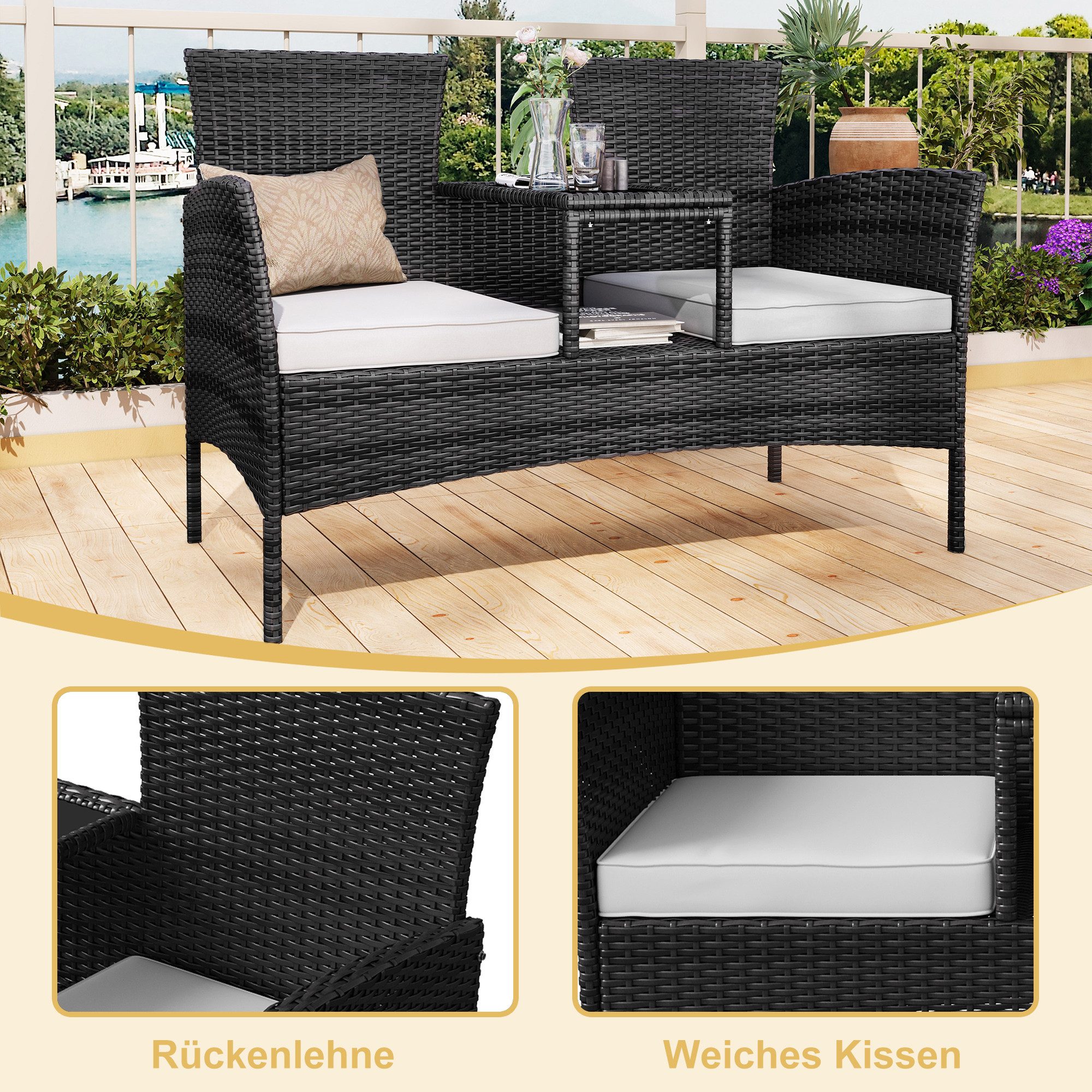 FUROKOY Loungesofa 2-Sitzer Garten sessel mit kleiner Tisch und 2 weiße Auf günstig online kaufen