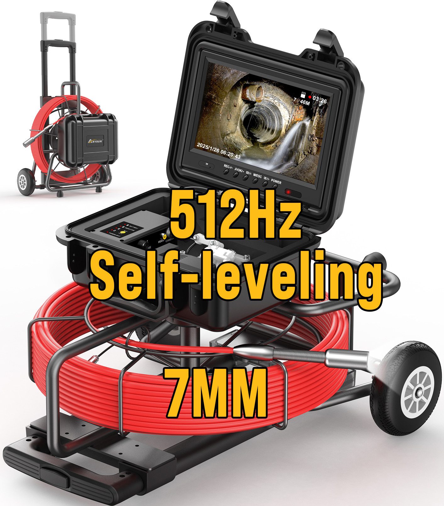 ANYSUN 9DX1 9 Zoll Rohrkamera mit Licht, Selbstnivellierend und Meterzählwerk Inspektionskamera (mit 512-Hz-Sender, Entfernungszähler, 9-Zoll-Bildschirm, 1080P HD-Rohrkamera mit 12 LEDs und 32-GB-Karte)