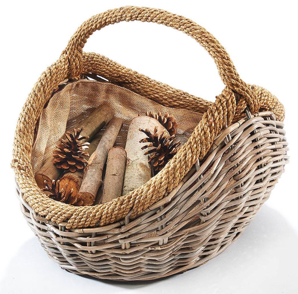 Kobolo Kaminholzkorb Holztrage aus Rattan in kubu grey mit Jutestoff günstig online kaufen