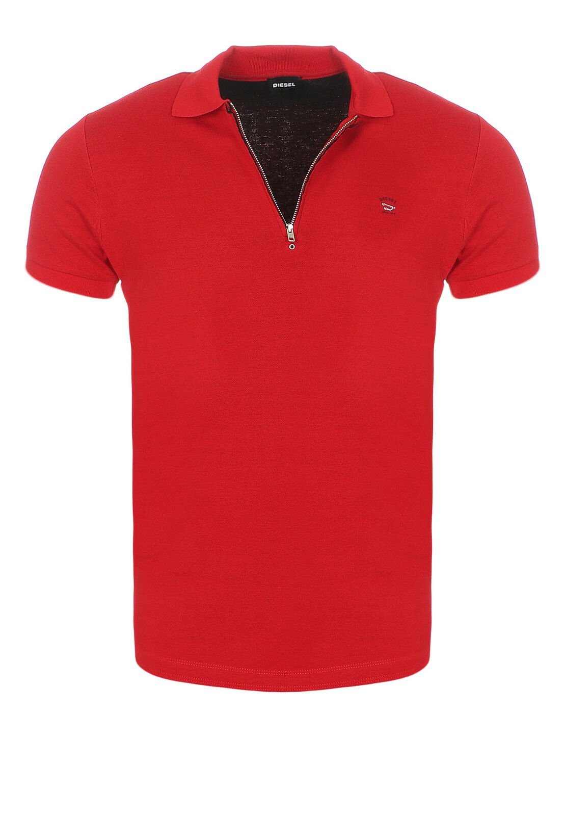 im Rundhalsausschnitt, Diesel Reißverschluss, Diesel Brustbereich unifarben, Herren mit Labelstitching mit Rot T-EYE Poloshirt Poloshirt