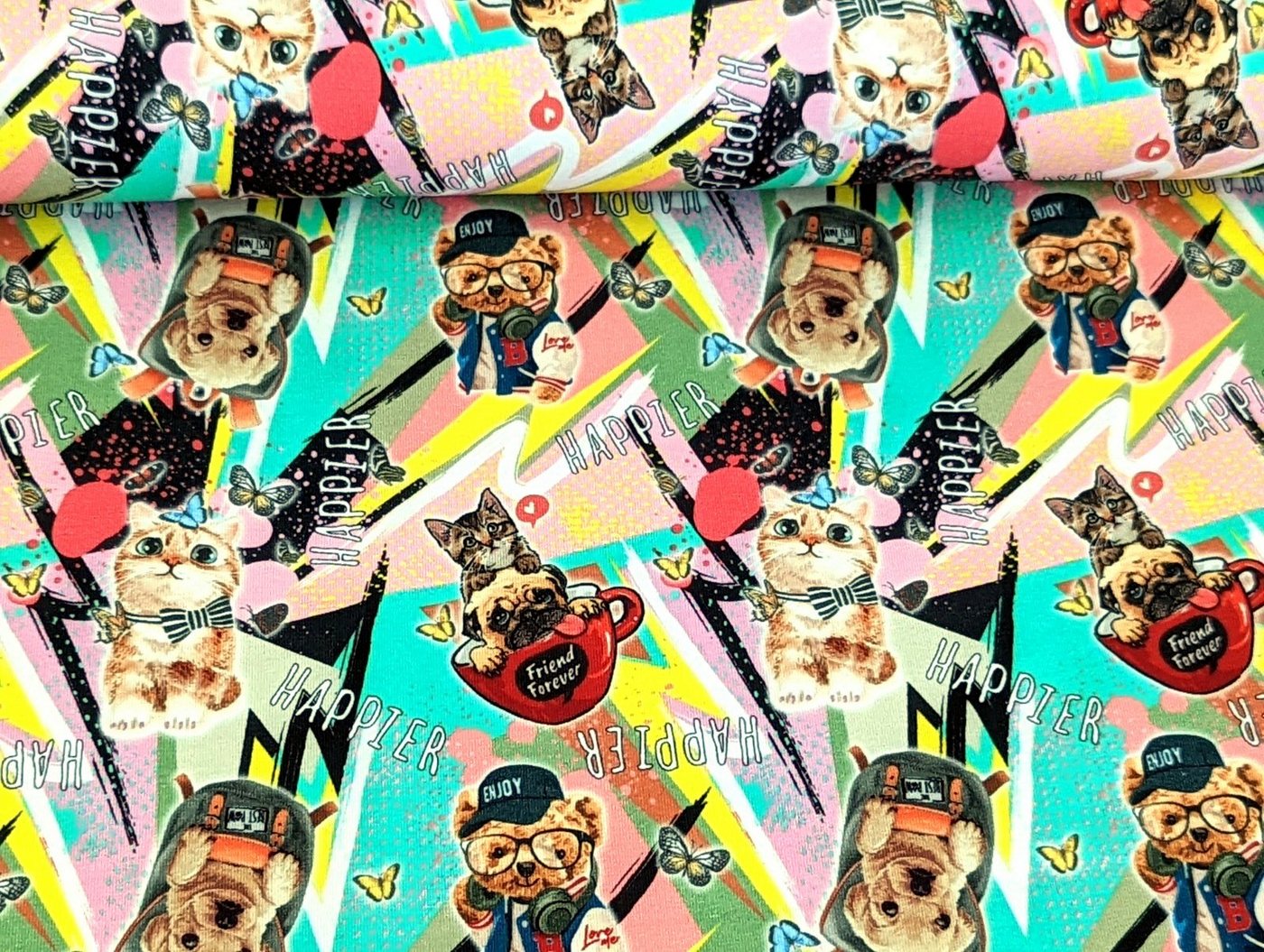 Thumbnail - Corileo Stoff Baumwolljersey "HAPPIER" Süsse Hunde und Katzen Bunt/Grün Stoff