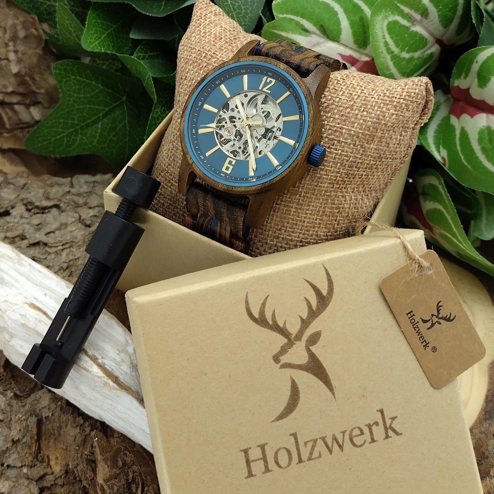 Automatikuhr blau, Holzwerk CRIVITZ gold in braun, Edelstahl Uhr Armband Holz Herren &