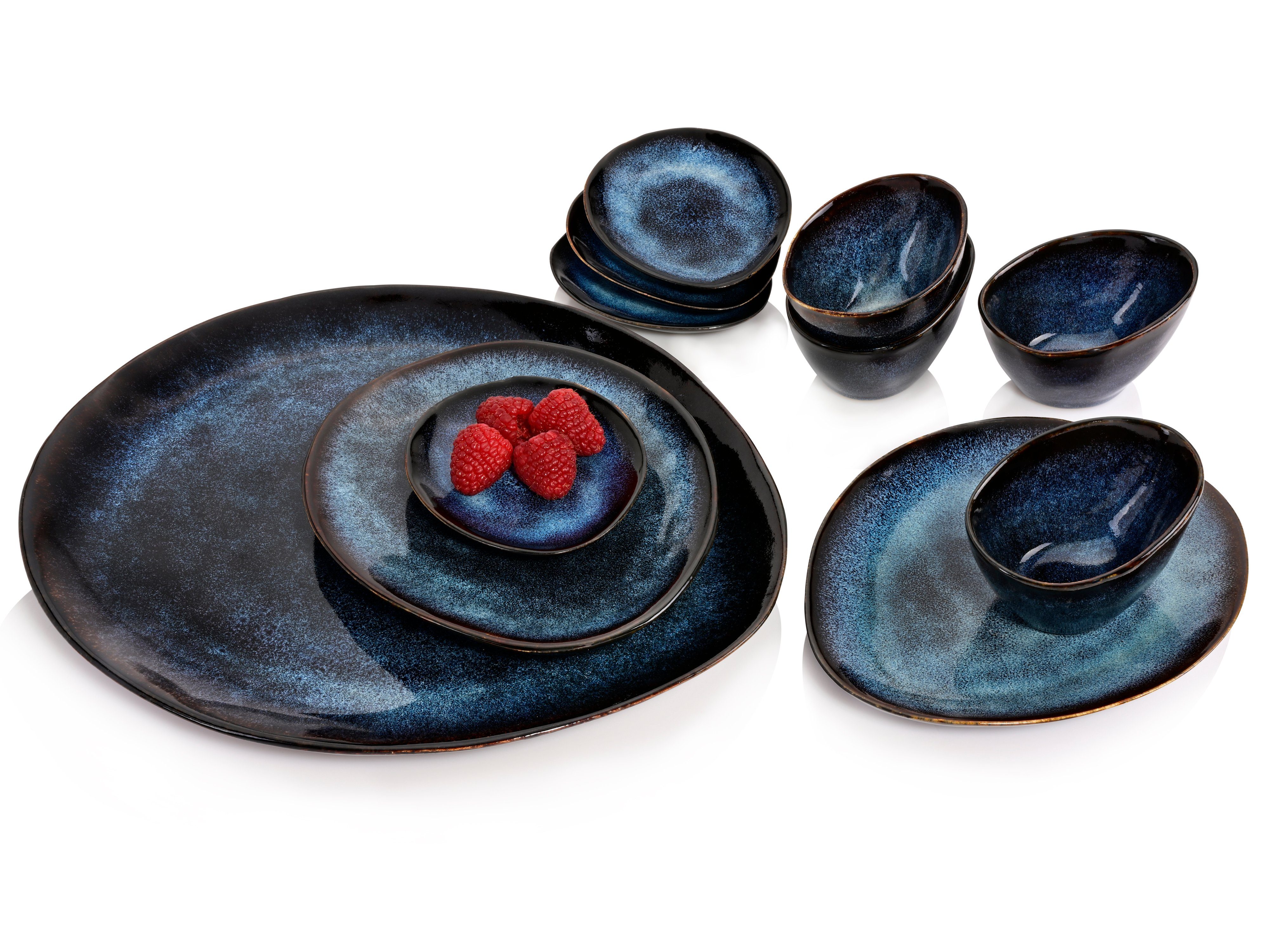 SÄNGER Servier-Set Tokio, Steingut, (11-tlg), Blau Schwarz, Handmade, Premium Collection