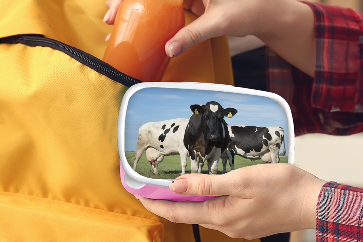 MuchoWow Lunchbox Kuh - Kunststoff (2-tlg), rosa Snackbox, Brotdose Mädchen, Kunststoff, Blau für Schatten, Kinder, - Brotbox Gras - Erwachsene
