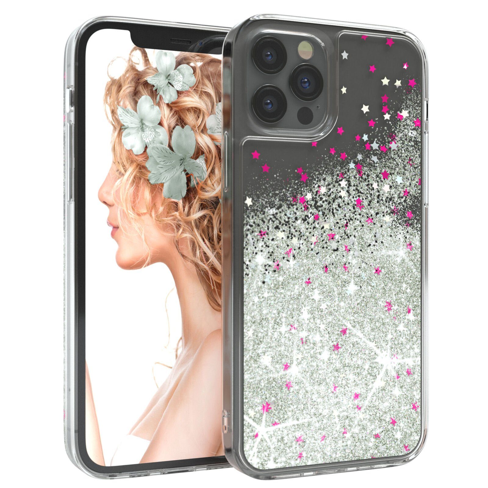 EAZY CASE Handyhülle Liquid Glittery Case für iPhone 12 / iPhone 12 Pro 6,1 Zoll, Kratzfeste Silikonhülle stoßfestes Back Cover Phone Case Etui Silber