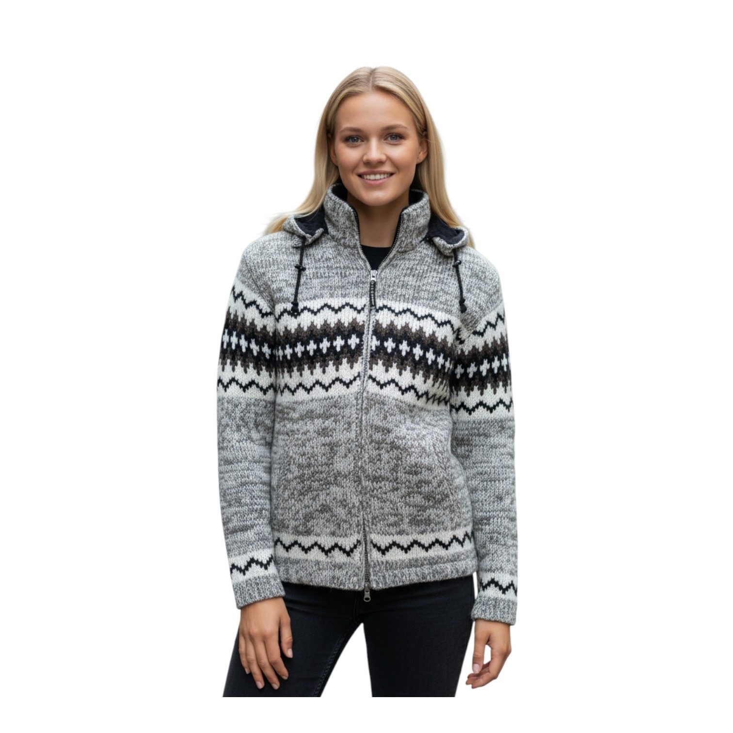 THC Natural Line Strickjacke THC Schafwollstrickjacke Norweger grau meliert 608 (1 Stück, 1-tlg., 1 Stück) Strickjacke mit abnehmbarer Kapuze