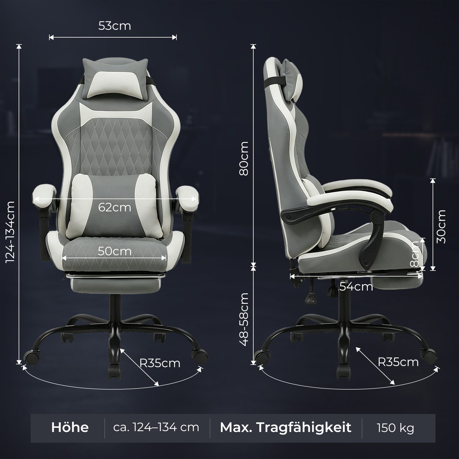 GLP Gaming-Stuhl mit Fußstütze, Bürostuhl höhenverstellbar, Gaming Chair (Gaming Stuhl mit verstellbaren Lendenkissen, Armlehne und Kopfstütze, Gamer Stuhl Bequeme Sitzkissen), gepolsterter Gaming-Stuhl, bis 136 kg Belastbarkeit