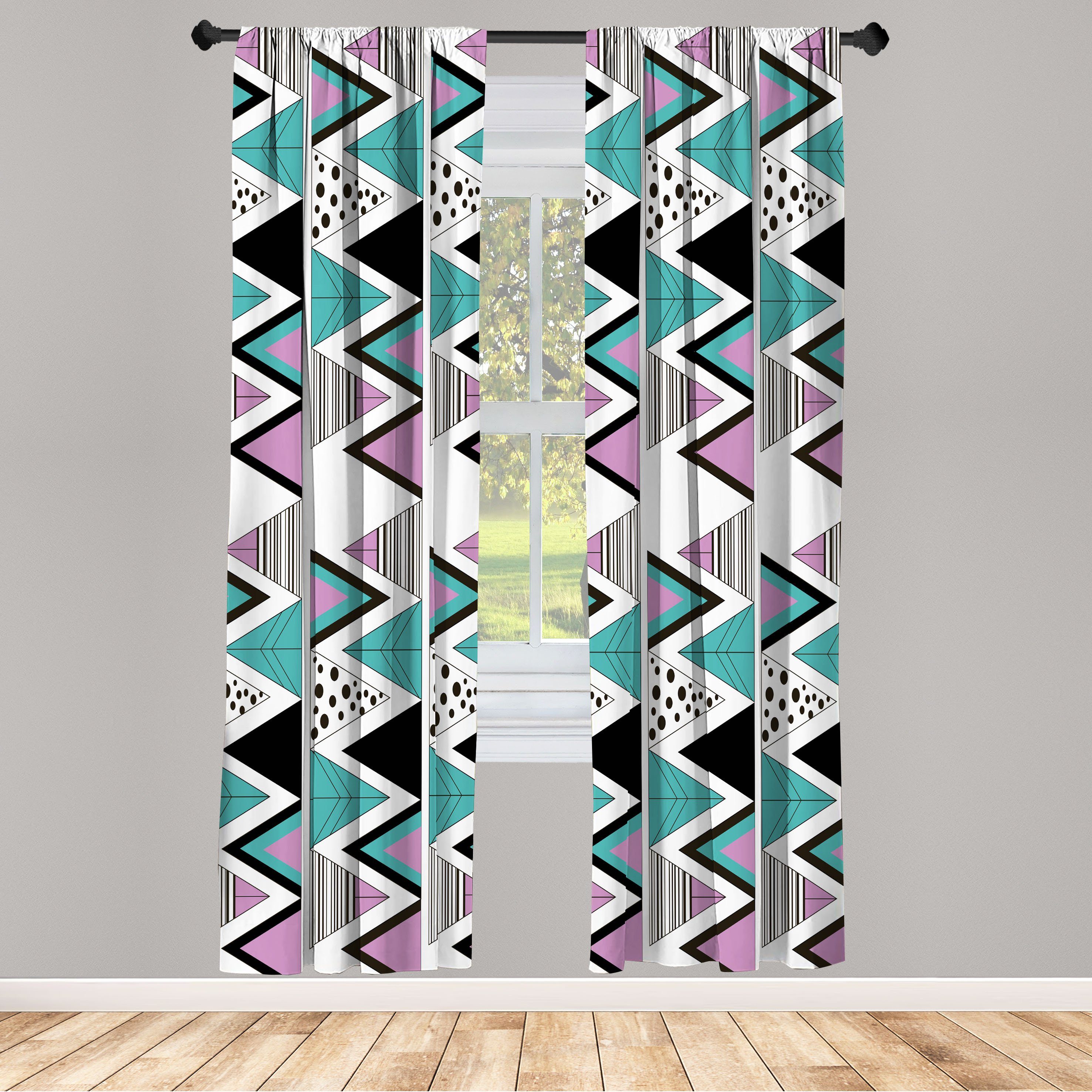 Gardine Vorhang für Wohnzimmer Schlafzimmer Dekor, Abakuhaus, Microfaser, Geometrisch 80er Memphis Zigzag | Fertiggardinen