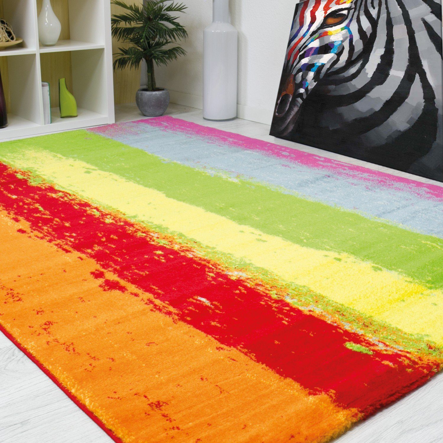 Vimoda Teppich Teppich Modern Design Kurzflor Multicolor Gestreift in Rot G günstig online kaufen