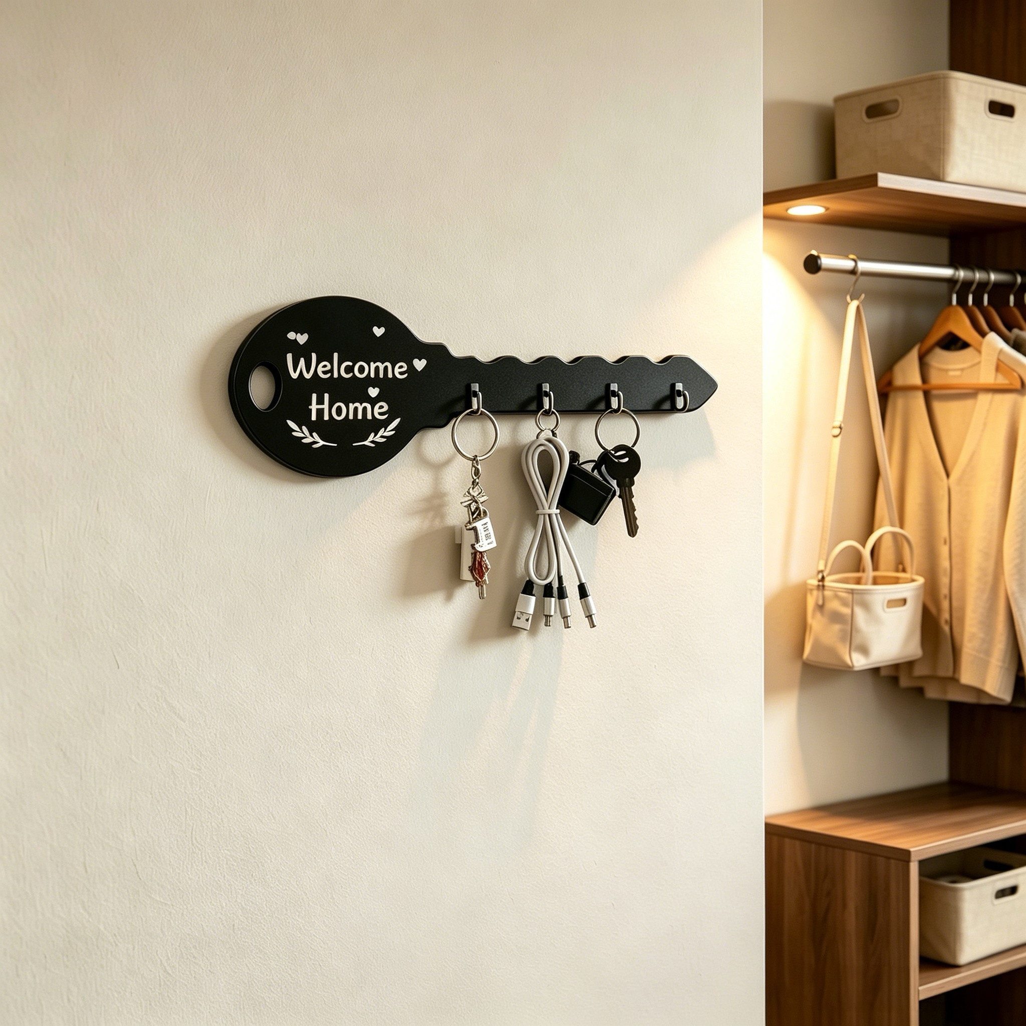 ibettertec Schlüsselbrett Selbstklebender Schlüsselhalter für die Wand mit 4 Haken ohne Bohren, (1), Key Holder Aufbewahrung,Halter für Schlüssel,Schlüsselboard,4 hooks