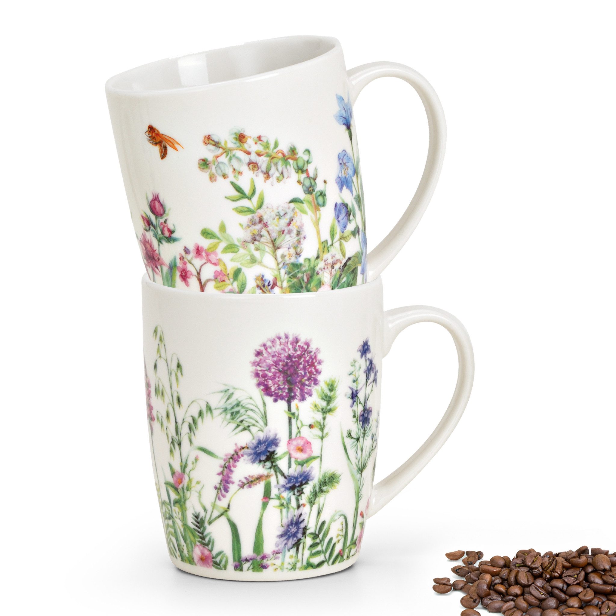 matches21 HOME & HOBBY Tasse Kaffeetassen 2er Set Blumen Bienen Frühling Sommer, 2-tlg., Porzellan, Tee Kaffee-Becher, Vintage, weiss bunt, 300 ml