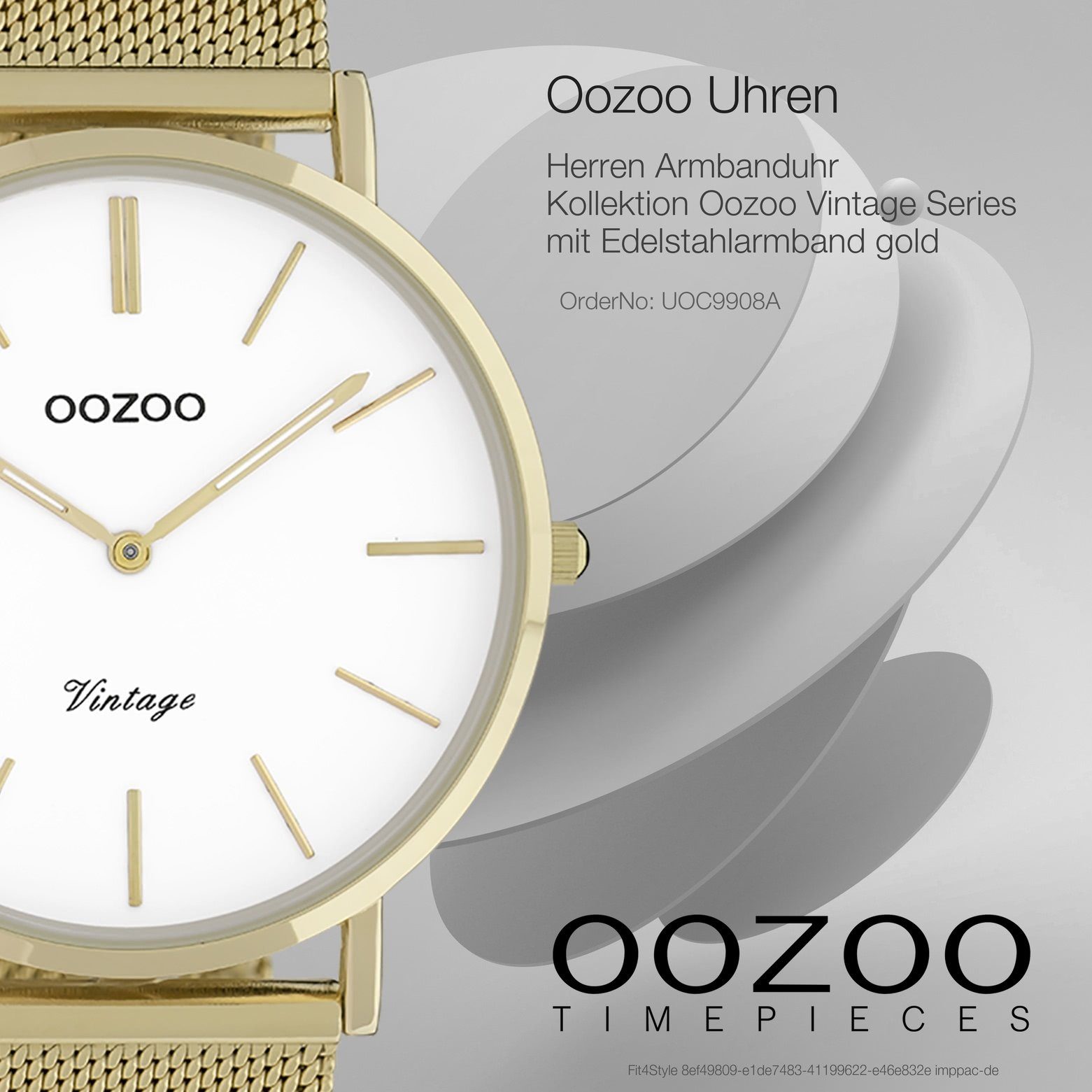 Fashion-Style rund, groß Armbanduhr (ca. gold Oozoo Herrenuhr Quarzuhr 44mm) Herren Analog, OOZOO Edelstahlarmband,