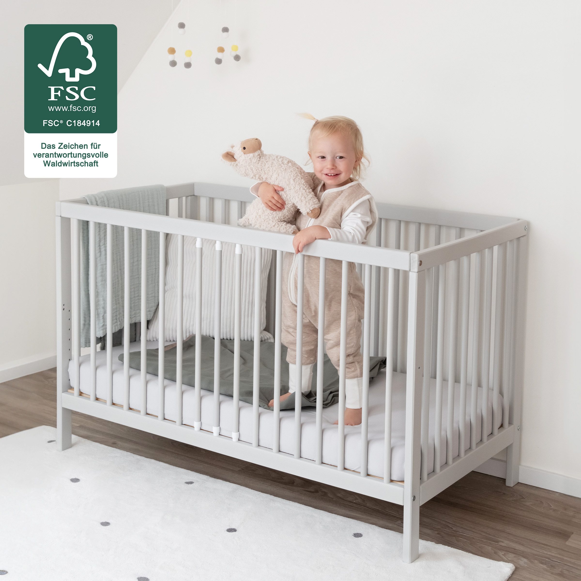 Ehrenkind Babybett PUR aus massivem Buchenholz, flexibel höhenverstellbar, Gitterbett, Kinderbett 9-Fach höhenverstellbar mit entnehmbaren Stangen Baby Bett