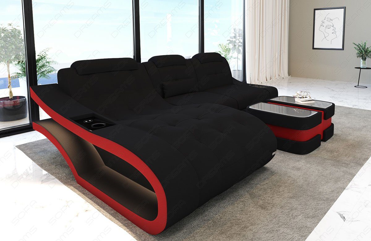 Sofa Dreams Ecksofa Stoffsofa Polster Couch Elegante M - L Form Stoff Sofa, mit LED, wahlweise mit Bettfunktion schwarz-rot