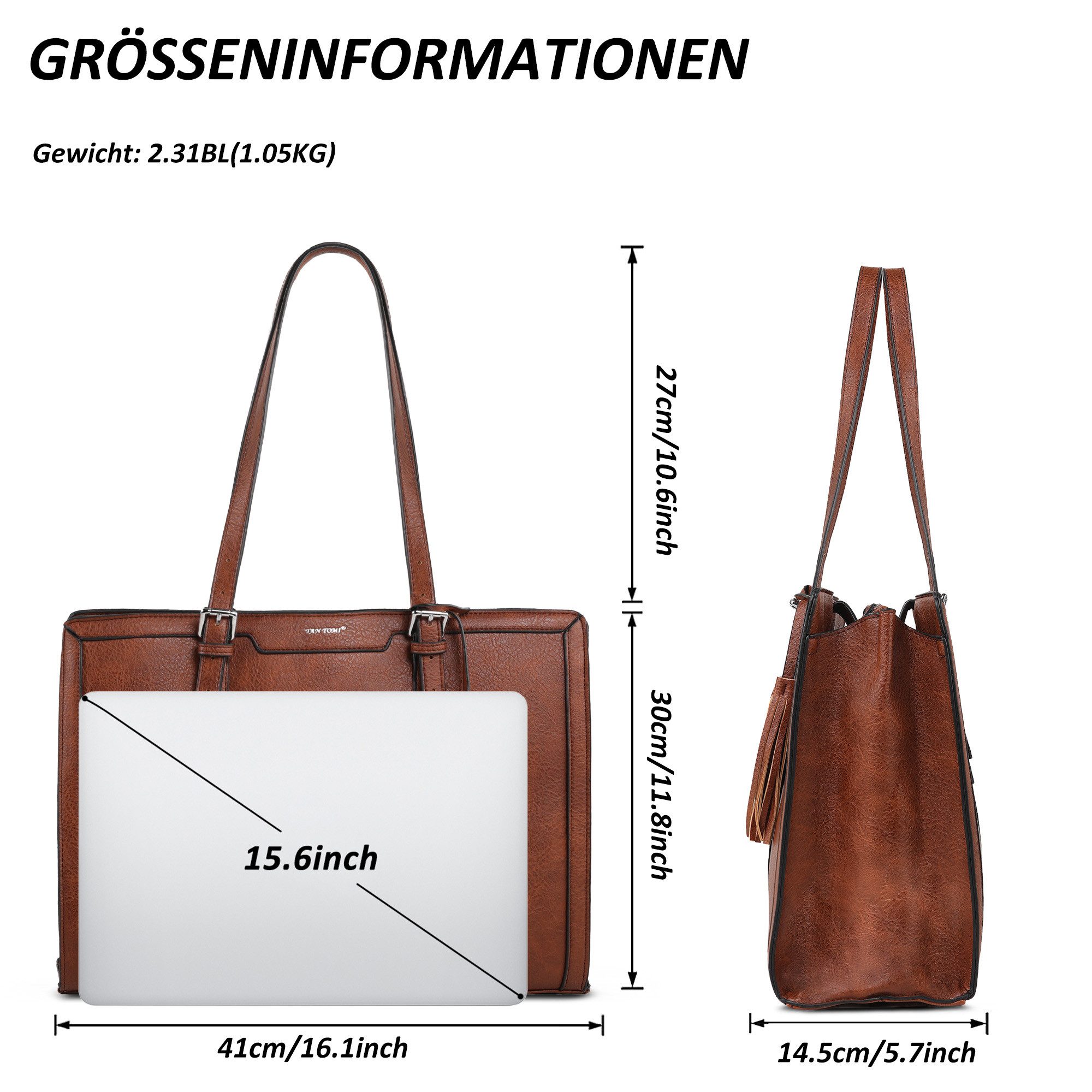 TAN.TOMI Handtasche Große Business Handtasche Damen Leder Schultertasche Arbeit Schule, Bürotasche Damen 15.6 Zoll Notebookt mit 3 Fächern für Büro Schule