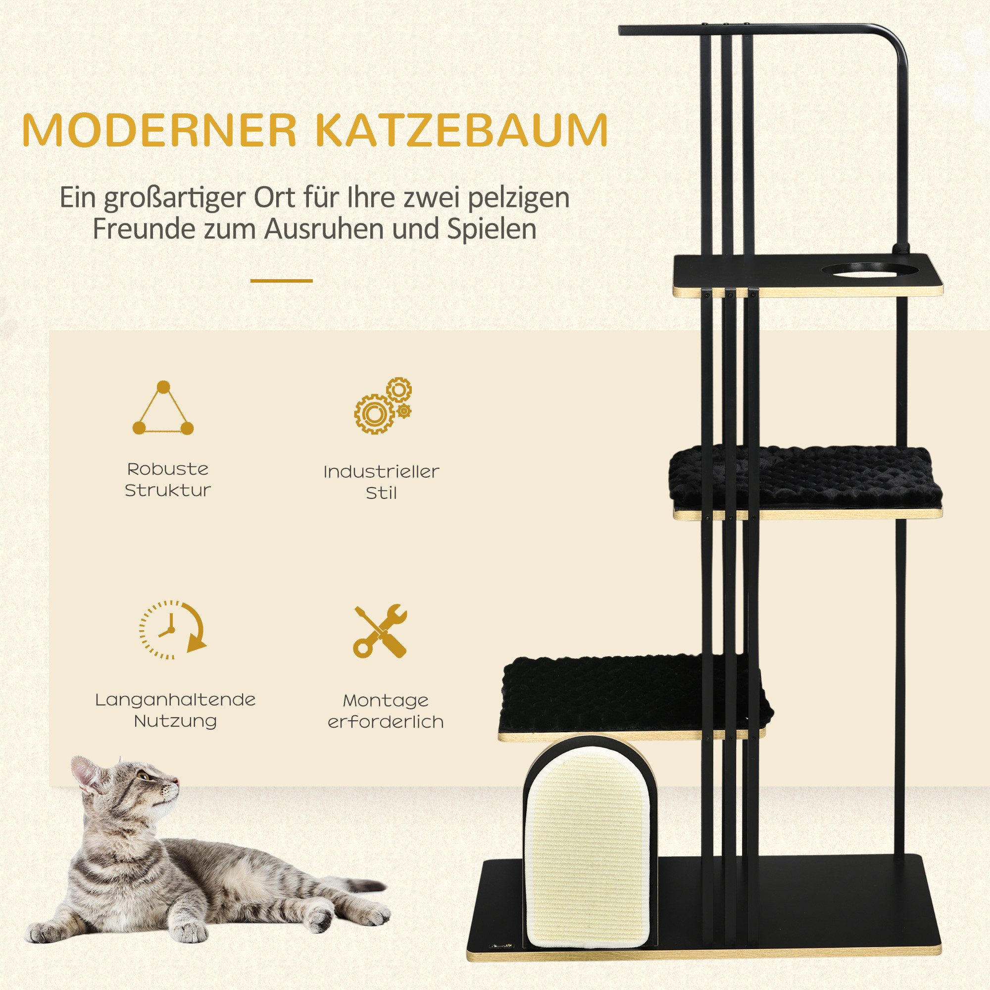 PawHut Kratzbaum mehrstöckiger Katzenbaum mit Kissen, Kratzbrett, mit 3 Plattformen, 48B x 85L x 170H cm – Bild 4 von 5