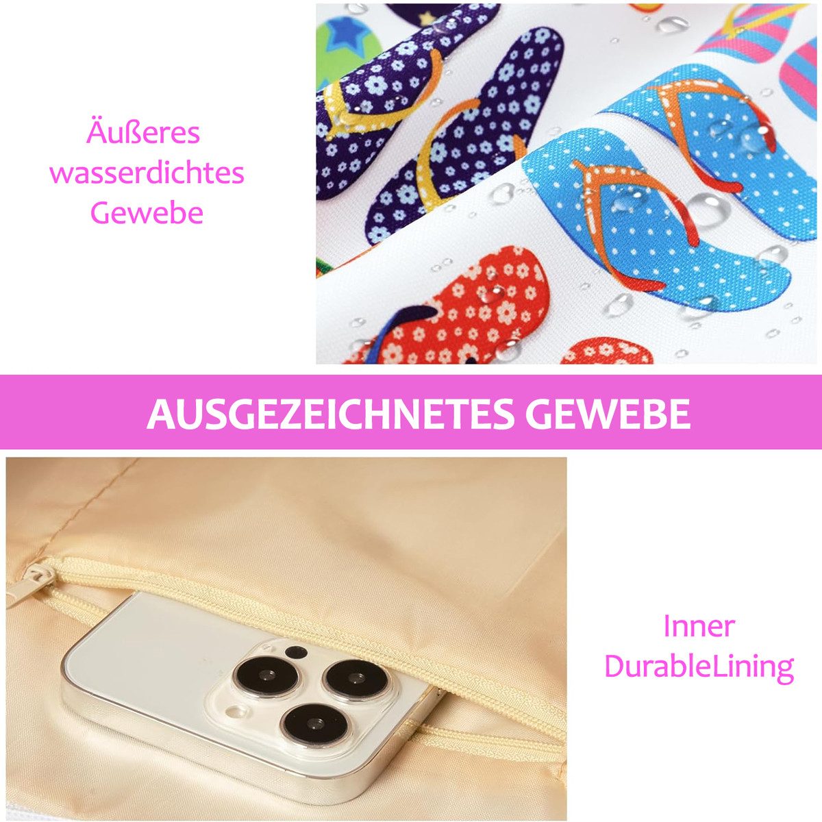 MOPUEA Strandtasche Strandtasche wasserdicht Damen mit Reißverschluss und großem Stauraum (XXL Strandtasche für Strand, Reisen, Sport und Einkäufe, Viel Stauraum für Handtücher, Kleidung und Strandzubehör), Wasserdicht, reißfest, leicht, großes Nassfach innen