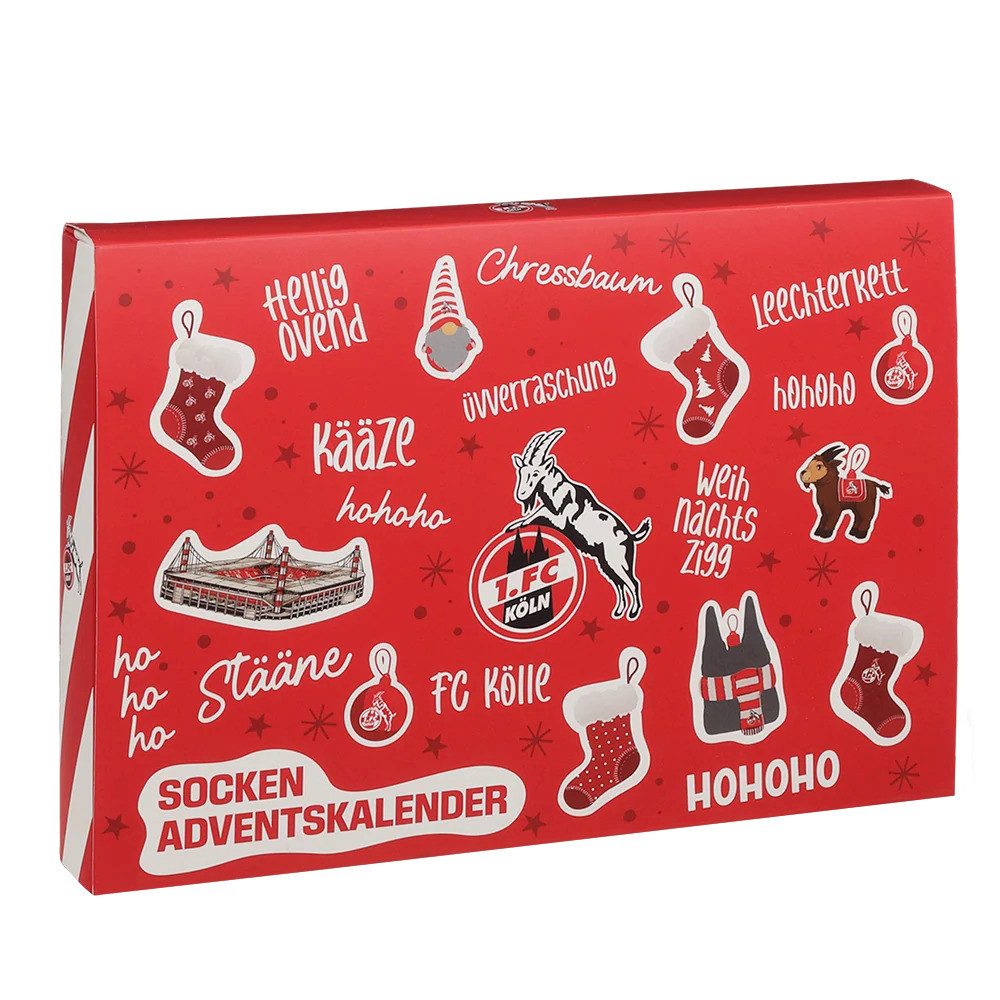1. FC Köln Adventskalender Socken-Adventskalender 43–46, 80% Baumwolle, 18% Polyamid, 2% Elasthan, 24 Türchen, 12 verschiedene FC-Sockenpaare, abnehmbare Banderole