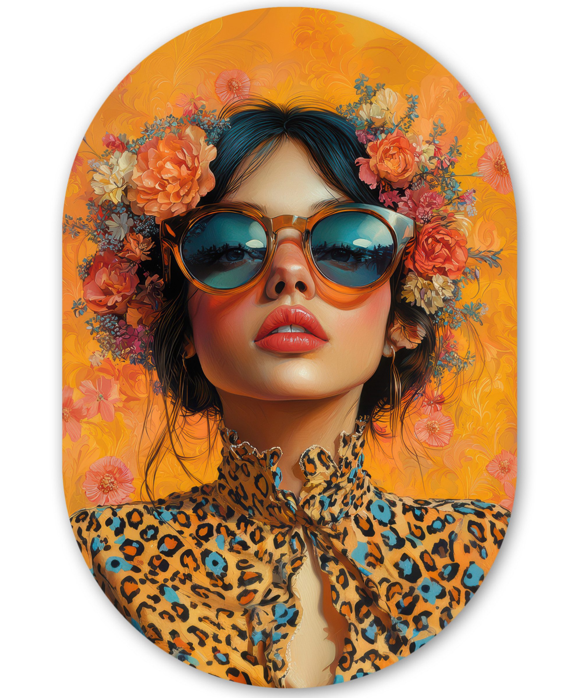 MuchoWow Gemälde Frau - Blumen - Ästhetik - Orange, Fotodruck (1 St), Wandbild Oval, Wohnzimmer oder Schlafzimmer Wanddekoration, 40x60 cm