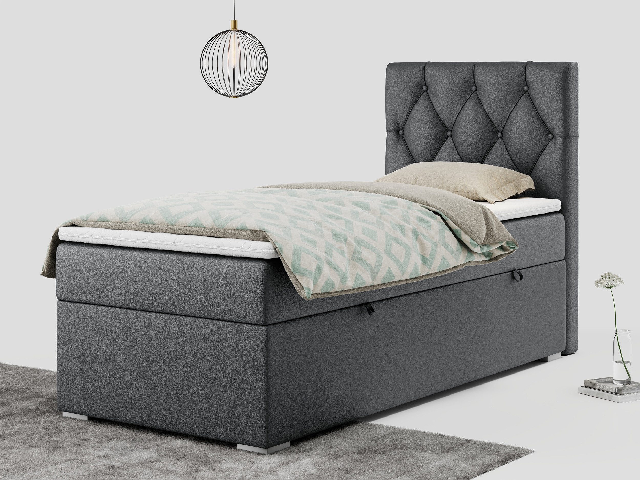 MKS MÖBEL Boxspringbett ALDA (Set, Packung, Multipocket Matratze, T30-Schaum, Topper T25/Visco, Polsterbett), Einzelbett, gestepptem Kopfteil, Bettkasten, Schlaffläche 90x200