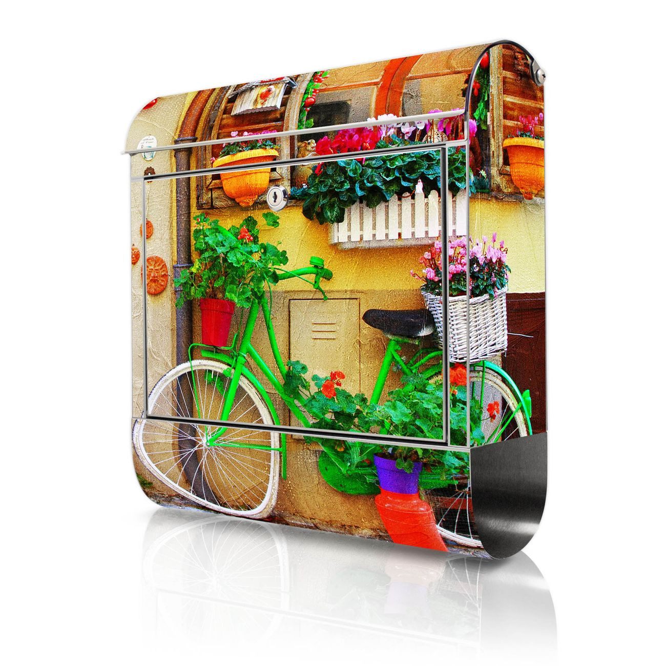 banjado Wandbriefkasten Edelstahl mit Motiv Grünes Fahrrad (Wandbriefkasten groß, mit Zeitungsfach), 38 x 42,5 x12 cm