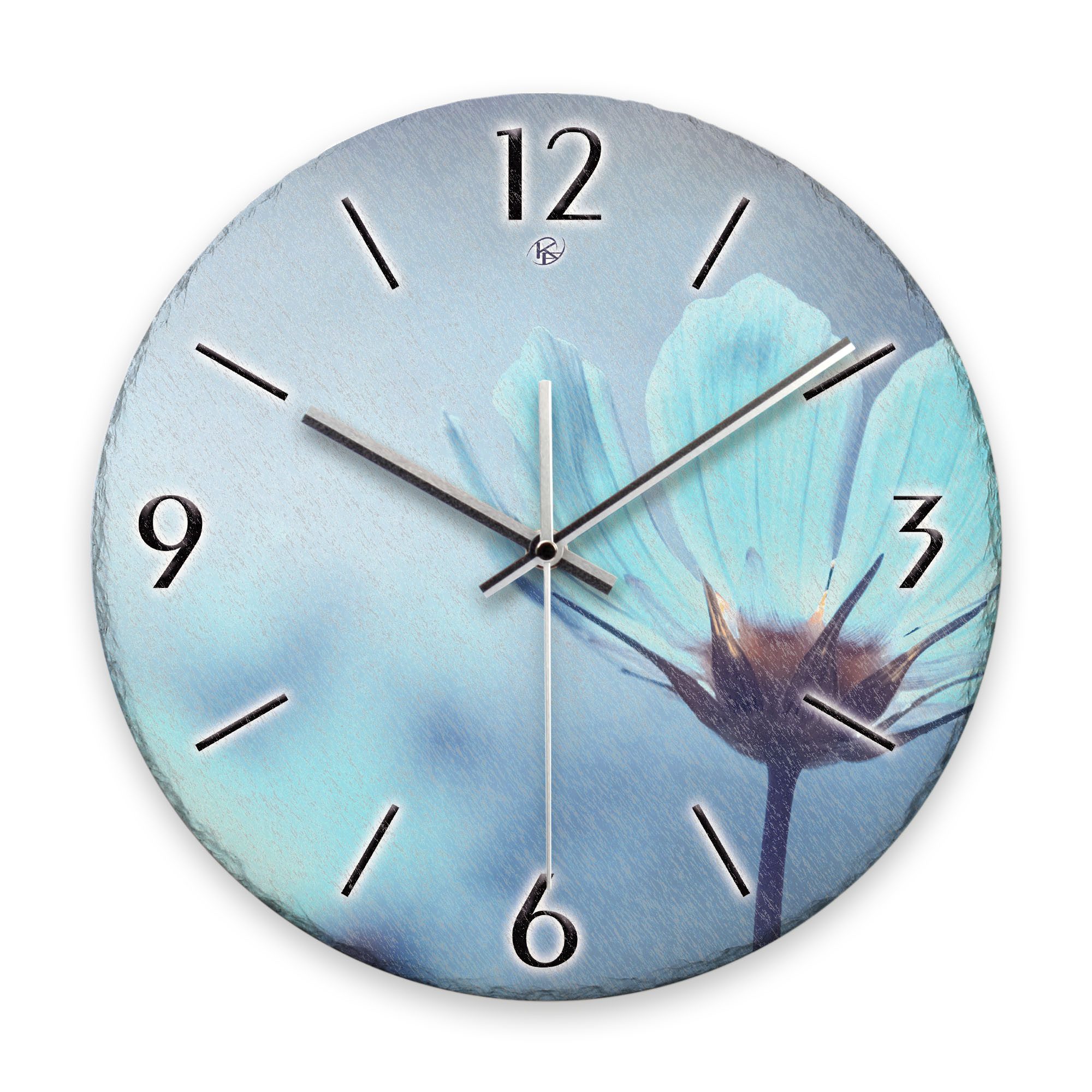 Kreative Feder Wanduhr Wanduhr „Blaue Blüten“ aus Stein (Keramik) in Schiefer-Optik (ohne Ticken; Funk- oder Quarzuhrwerk; ⌀ 30cm; außergewöhnlich)