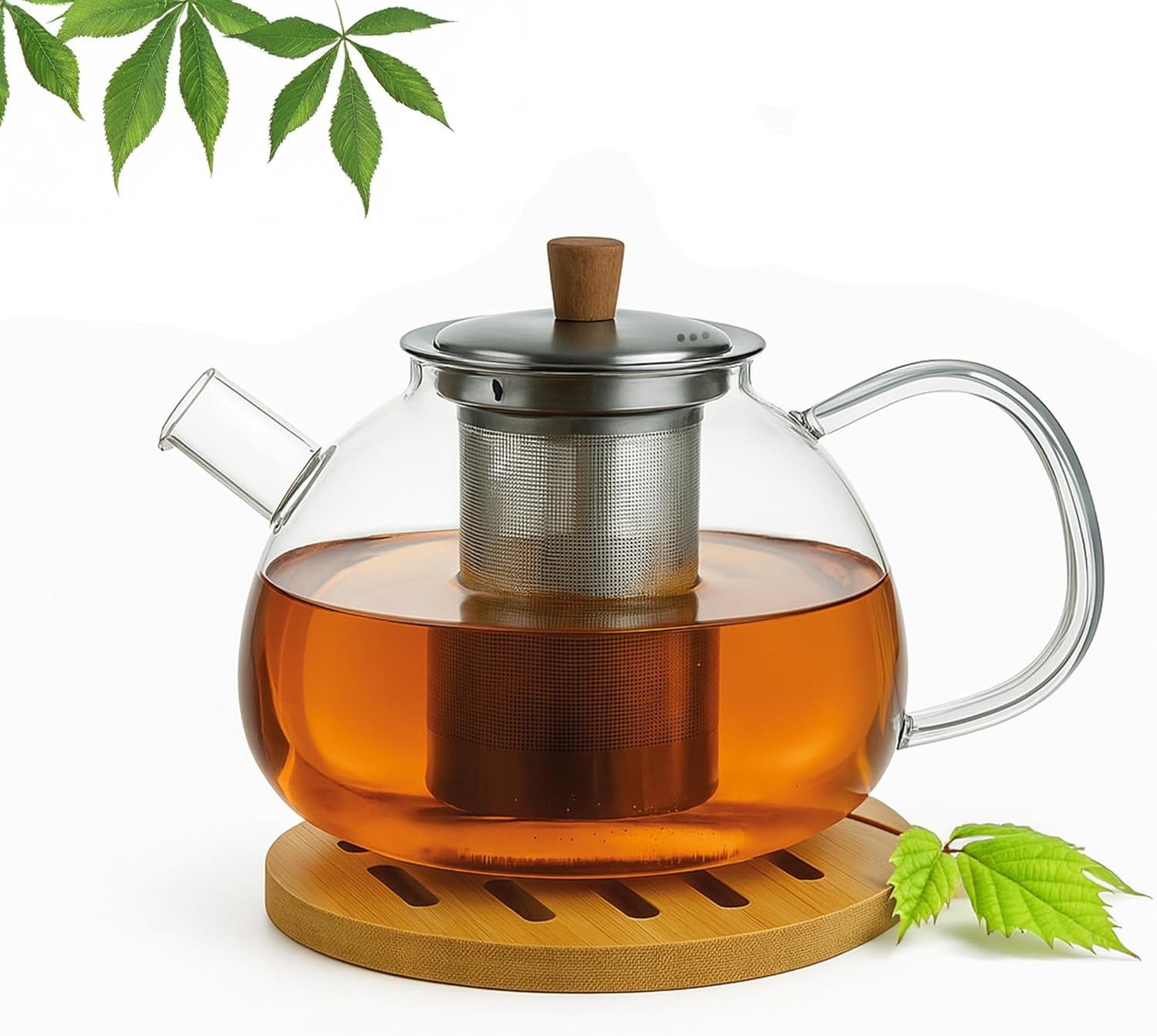 hausleben Teekanne Glas mit Edelstahl-Sieb Untertelle 1,5 Liter, (1-St), Bambus Unterteller Tropffrei, Hitzebeständig, Spülmaschinenfest